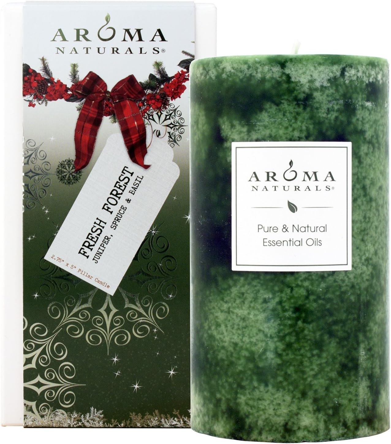 Aroma Naturals Holiday Juniper, Spruce and Basil Essential Oil Pillar Candle, Fresh Forest, 2.75 inch x 5 inch