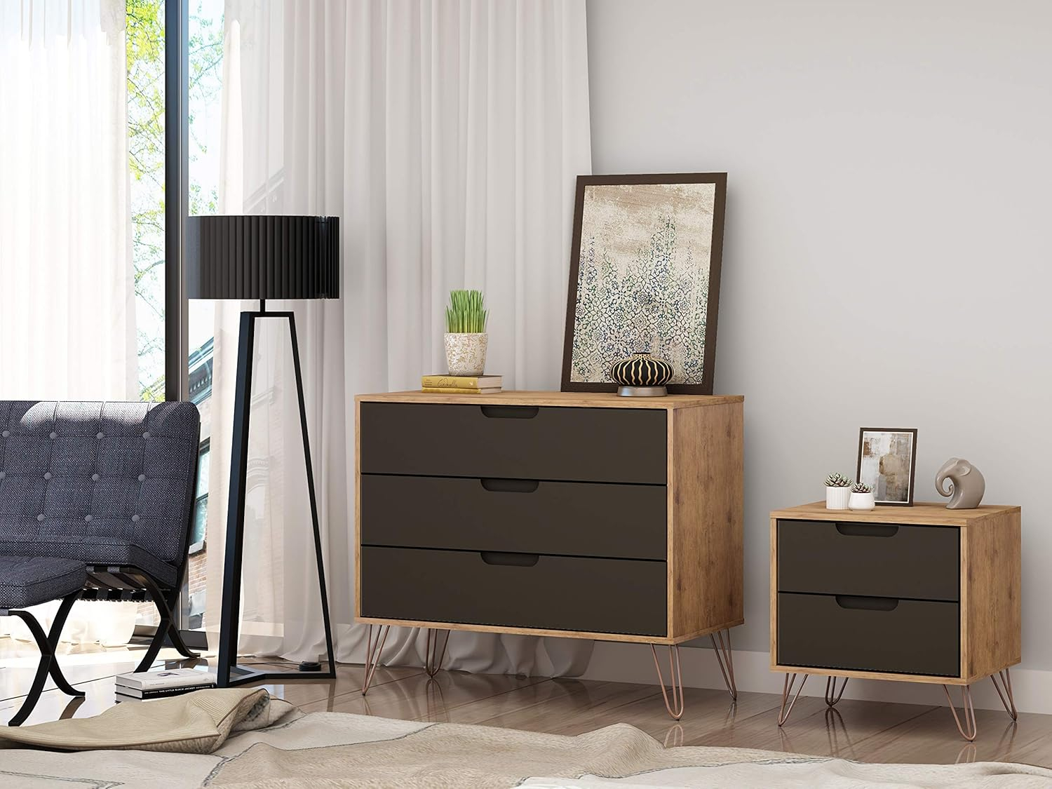 Manhattan Comfort Rockefeller Wood Dresser and Nightstand in Natural/Gray