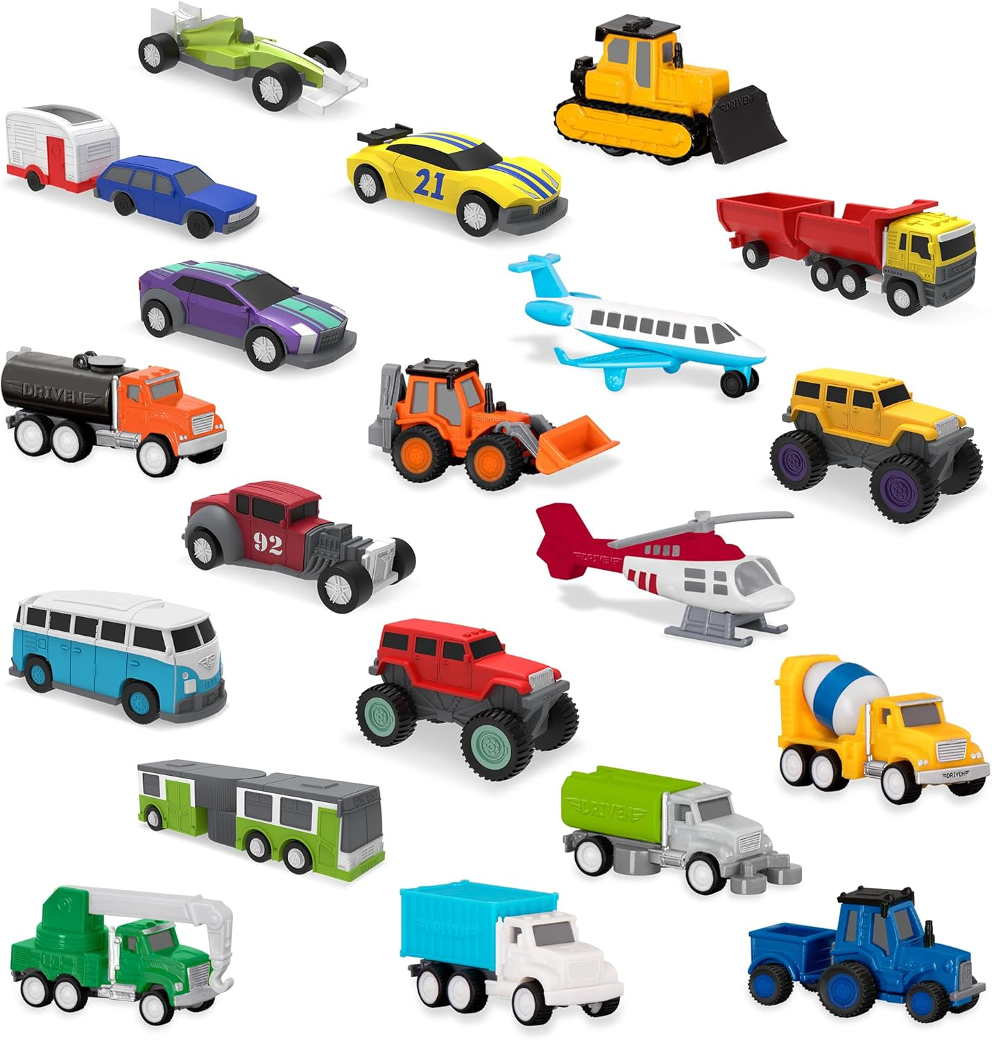 Driven by Battat – 20-Pack Pocket Fleet Mini Toy Vehicles – Includes Camper Van, Cement Mixer, Monster Truck, Race Car & More – Durable Car Playset for Kids Ages 3+