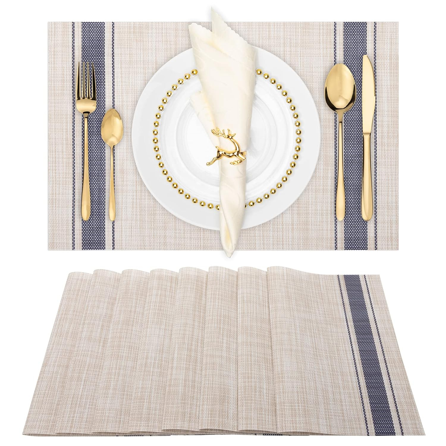 Placemats Set of 8 Woven Vinyl Insulation Indoor Place mats for Dining Table, Washable Durable PVC Table Mats (Beige)