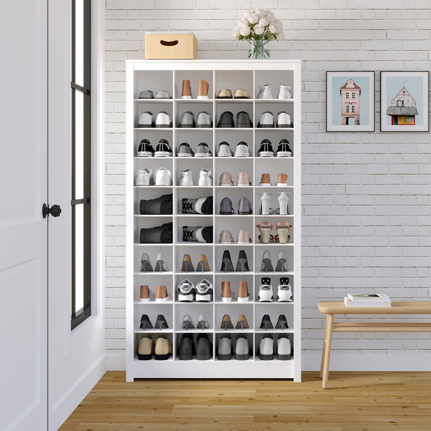 Prepac White Tall Storage Cabinet, Shoe Cabinet, Cube Storage Organizer with 40 Shoe Cubbies 13"D x 39.5" W x 72.5" H, WUSG-0011-1