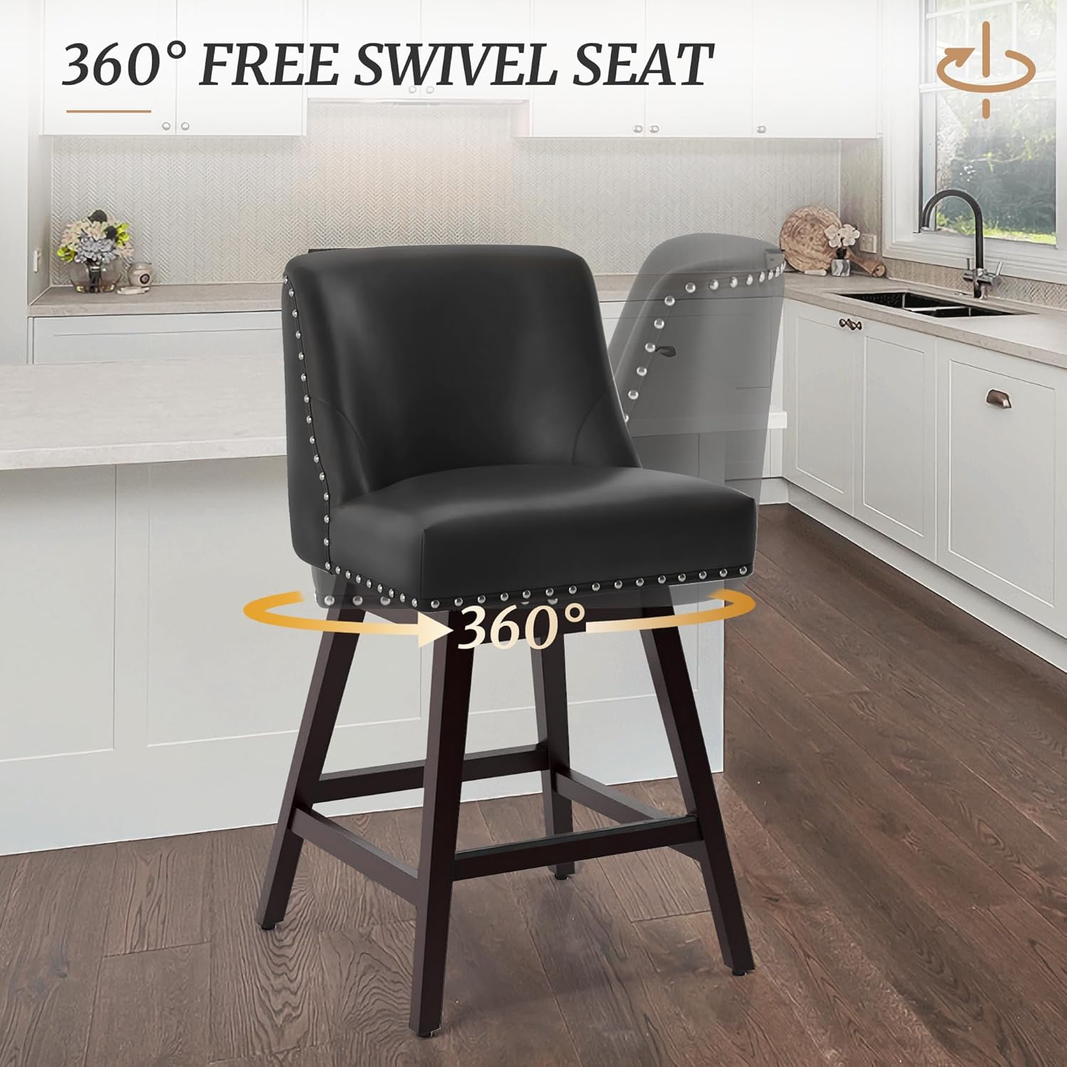 26 Inch Bar Stools Set of 2, Black Swivel Counter Stools with Back, Faux Leather Upholstered Barstools, Solid Wood Legs with Footrest, Modern Bar Stool for Kitchen Island, Dining Room, Pub
