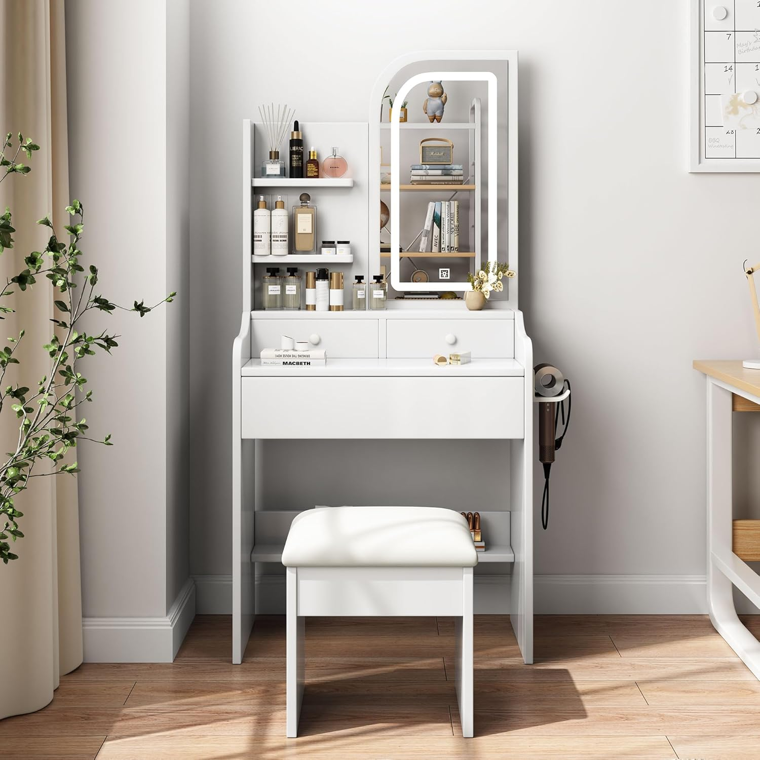 Small Vanity Desk Set with Power Outlet, Mini White Makeup Vanity with Mirror and Lights, Cute Dressing Table with Stool for Small Space
