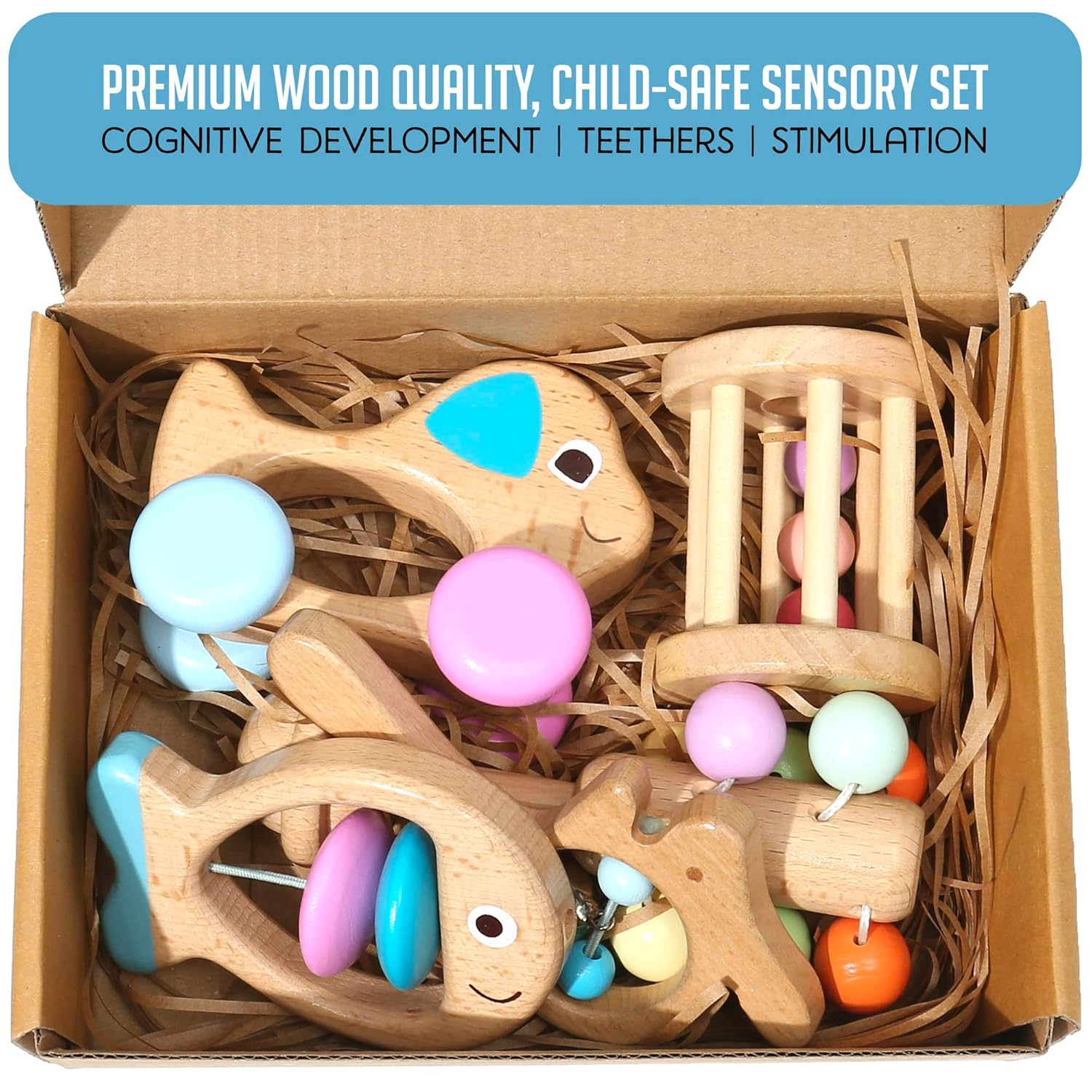 Montessori Mama Wooden Toys for Babies 5-Piece Collection - Multi-Sensory Learning Rattle for Babies - Infant Wooden Toy Set Baby Weights Toys - Teether