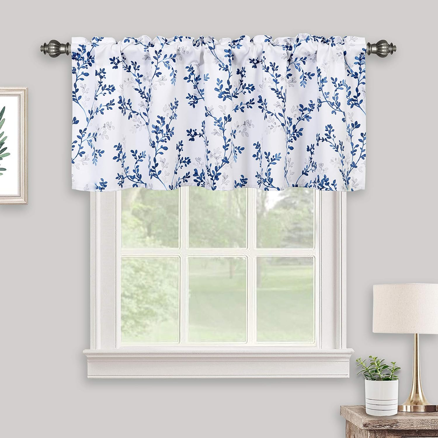 Watercolor Botanical Flowers Leaves Printed Valances for Windows, Rod Pocket Window Treatments Valances for Kitchen Cafe Living Bathroom 52 Inch by 18 Inch, Navy