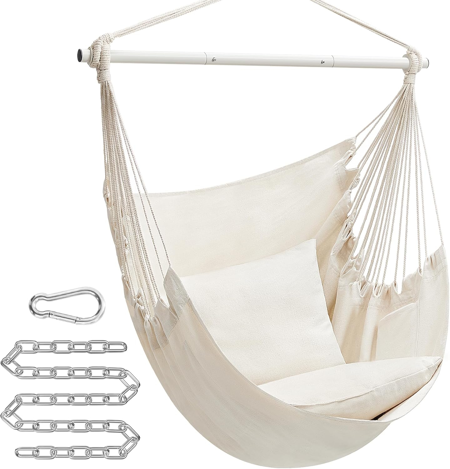SONGMICS Hammock Chair, Load Capacity 500 lb, Hanging Chair with 2 Cushions, Large Hammock Swing with Chain and Pocket, for Indoor, Outdoor, Living Room, Bedroom, Cream White UGDC197M01