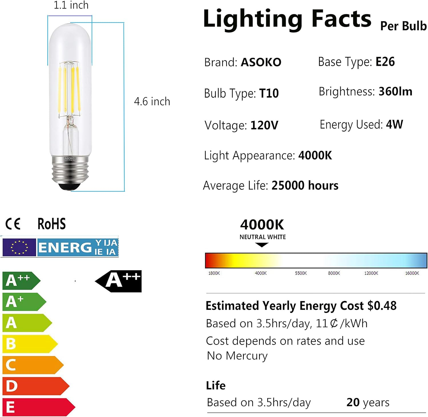 ASOKO Edison Bulb, T10 Daylight 4000K LED Tubular 4W Dimmable Tube Vintage Bulbs 40 Watt Equivalent,E26 Base(3-Pack)