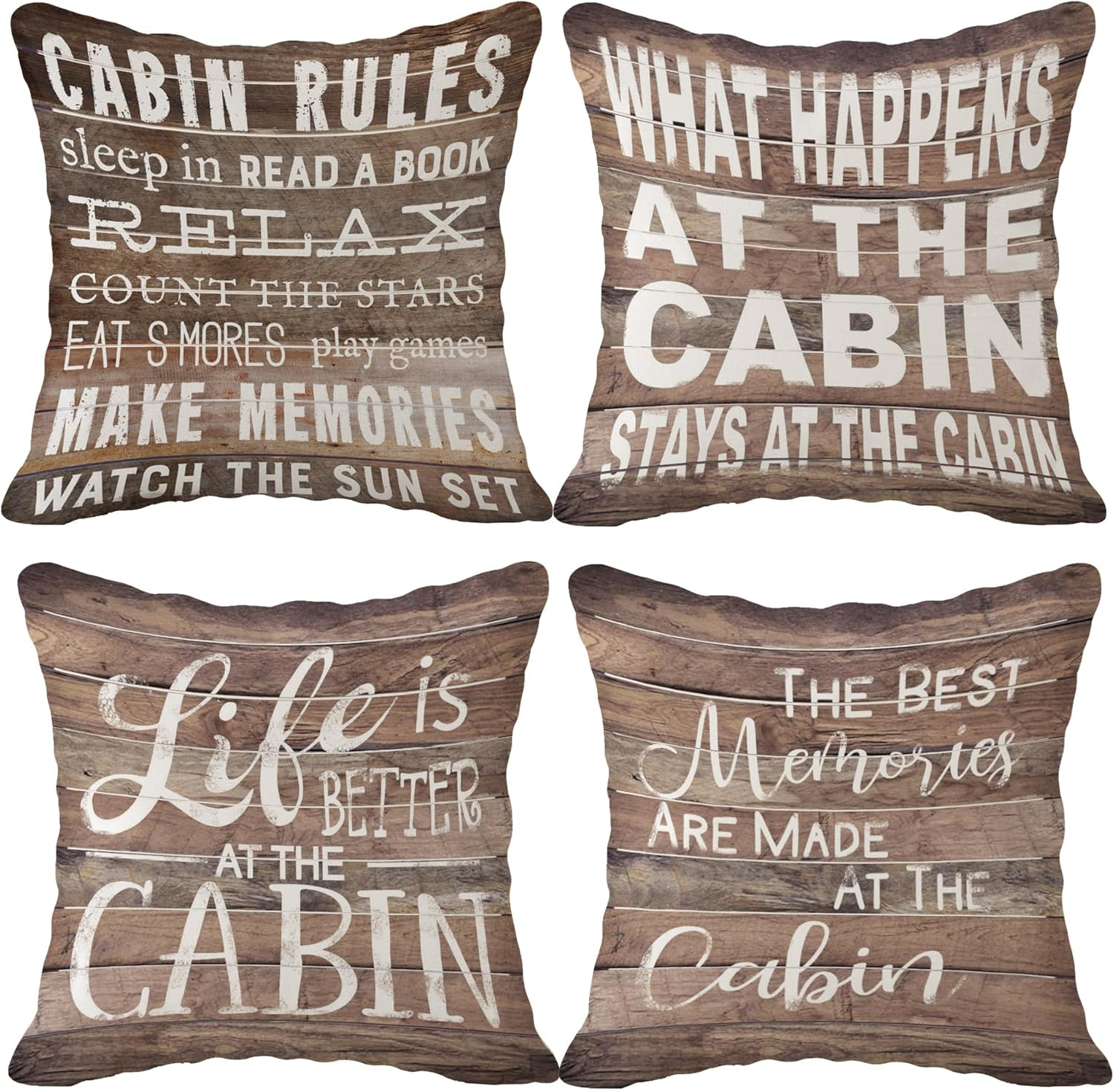 (RB) Life is Better at The Cabin Vintage Wood Grain Throw Pillow Case, 18 x 18 Inch Set of 4, Cabin Outdoor Porch Decorative, Cabin Decor, Cabin Rules Decor, Cabin Pillows Cover for Sofa Couch Bed