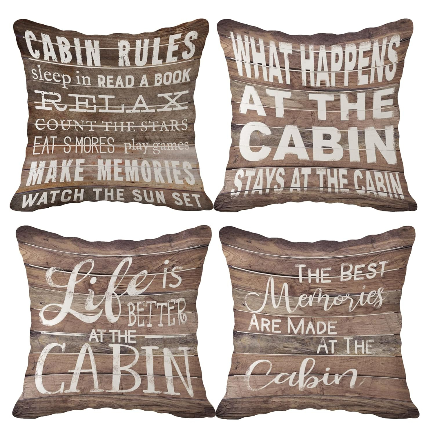 (RB) Life is Better at The Cabin Vintage Wood Grain Throw Pillow Case, 18 x 18 Inch Set of 4, Cabin Outdoor Porch Decorative, Cabin Decor, Cabin Rules Decor, Cabin Pillows Cover for Sofa Couch Bed