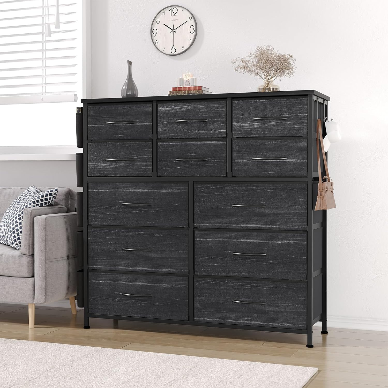 AOWOS Cómoda de 12 Cajones para Dormitorio, Torre de Almacenamiento de Tela, Cómoda Negra con Tapa de Madera, Estructura de Acero Resistente, Unidad Organizadora de Almacenamiento