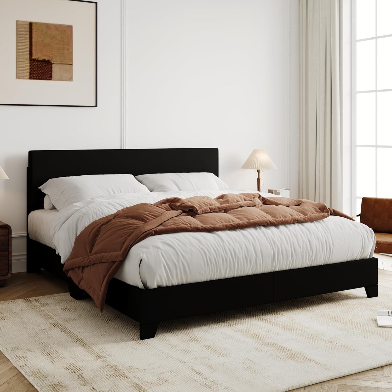 Killeryuki Full Size Bed Frame with Adjustable Headboard, Faux Leather Platform Bed with Wood Slats, Heavy Duty Mattress Foundation, No Box Spring Needed, Noise-Killeryuki, Easy Assembly, Black