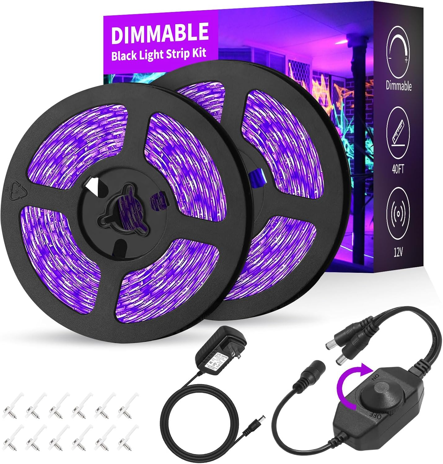 40 Foot Led Black Light Strip Kit, 720 Units Led, 12V Flexible Blacklight Fixtures, Non-Waterproof