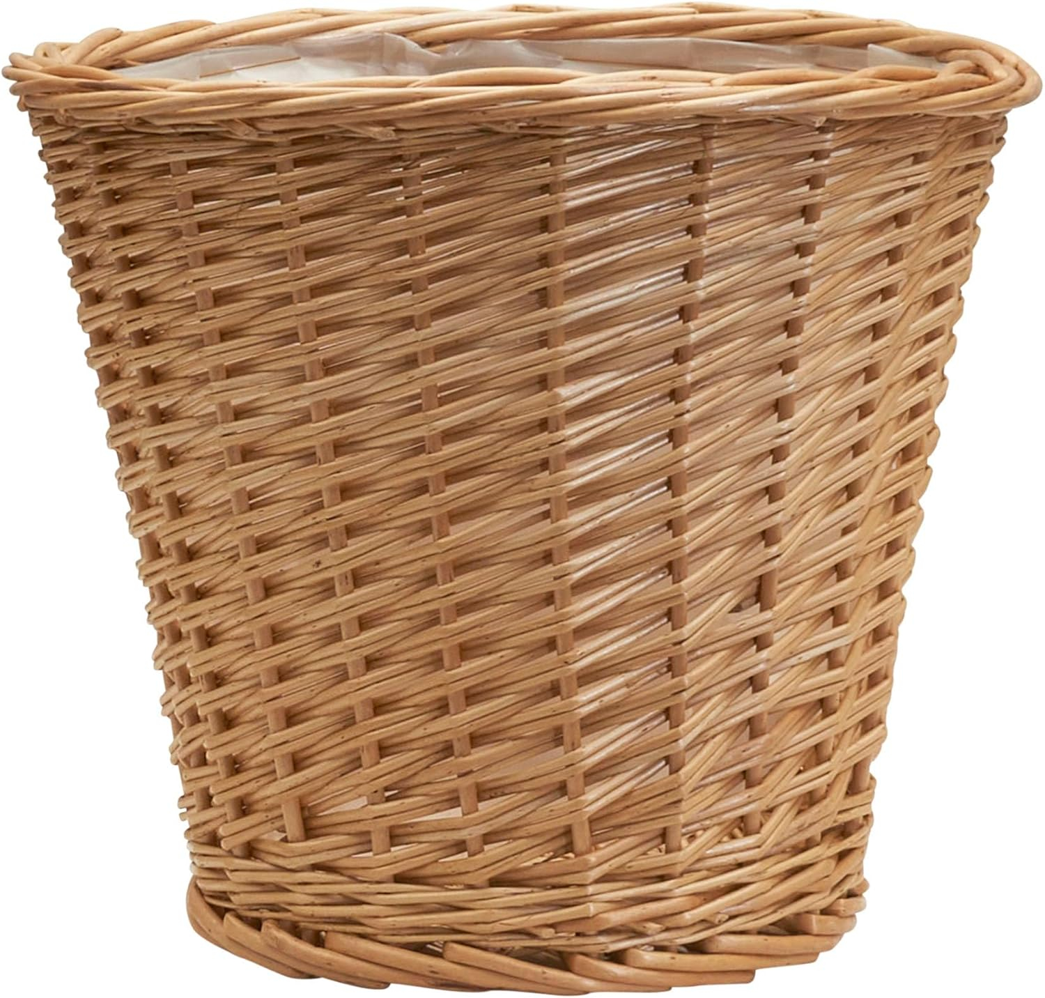 Household Essentials Willow Wicker Waste Basket, Medium, Handwoven with Built-In Plastic Liner, Durable and Attractive Weave, Tapered Design, Compact, Eco-Friendly, Easy to Clean, Natural