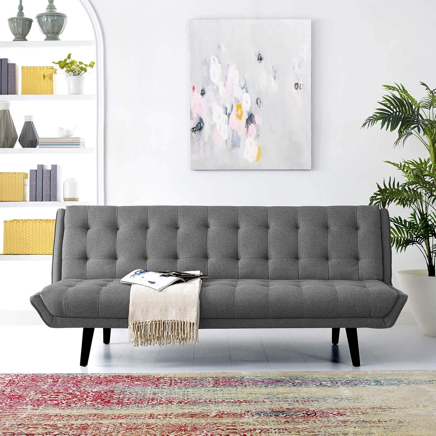 Modway Glance Mid-Century Modern Upholstered Fabric Convertible Futon Sofa Bed Couch In Azure