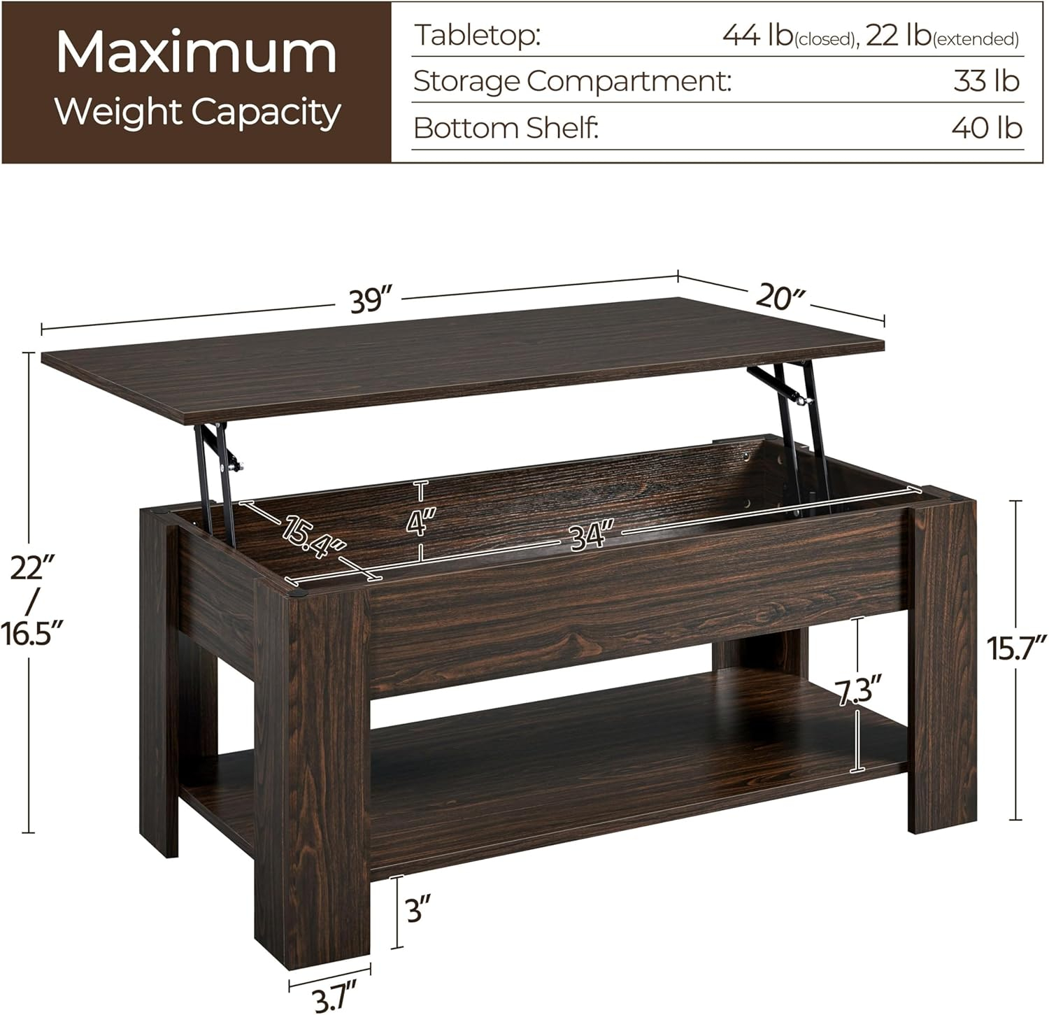 Yaheetech 39in Lift Top Coffee Table with Hidden Compartment and Open Shelf, Espresso