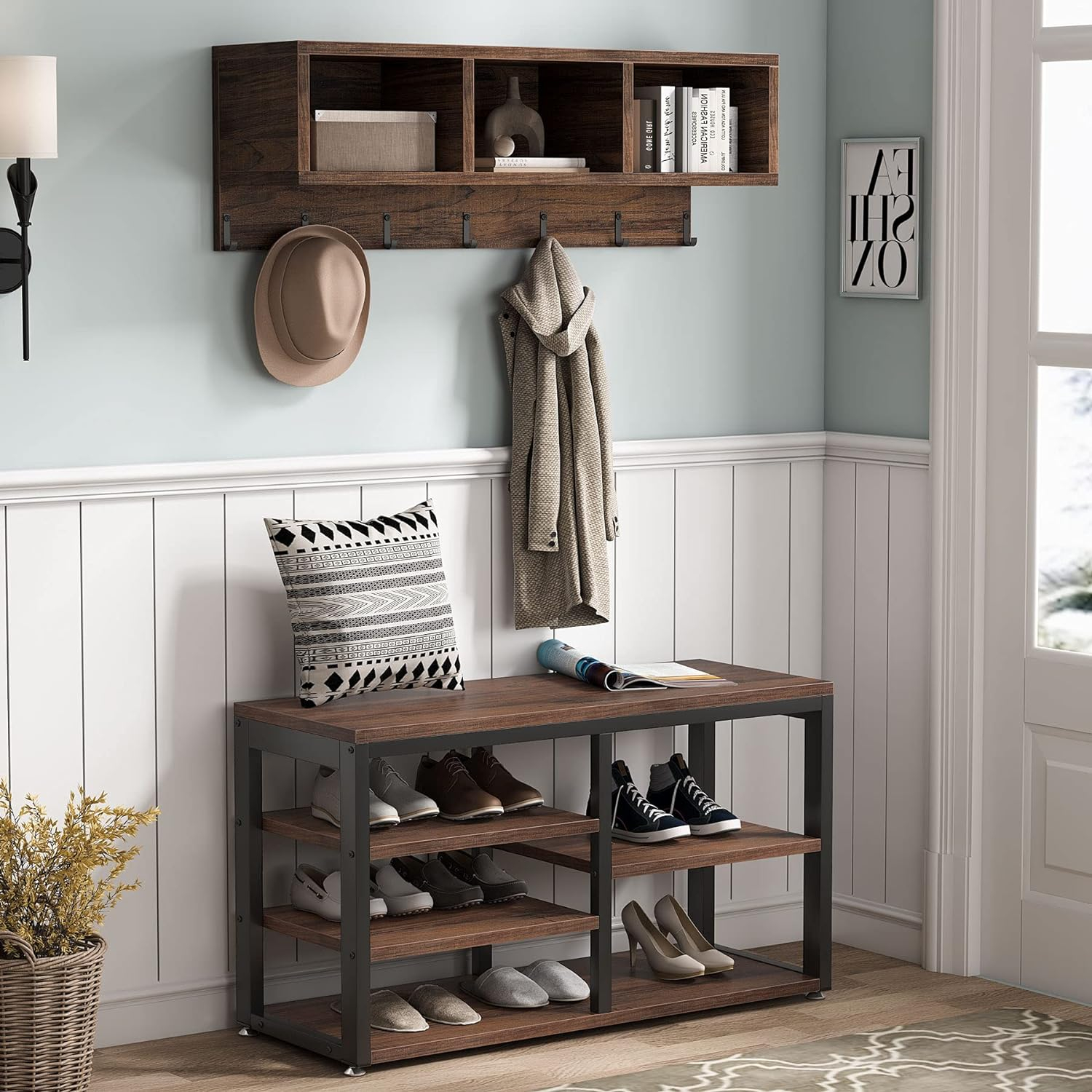 Tribesigns Coat Rack Shoe Bench Set Hall Tree with Shoe Bench Industrial Shoe Rack Bench with Coat Rack 3 Storage
