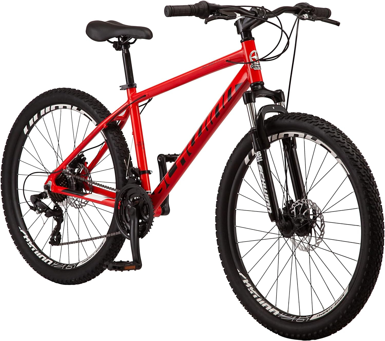 Schwinn High Timber Youth/Adult Mountain Bike for Men and Women, Aluminum and Steel Frame Options, Speeds Options, Inch Wheels Red/Black 26-Inch Wheels Aluminum Frame and Disc Brakes