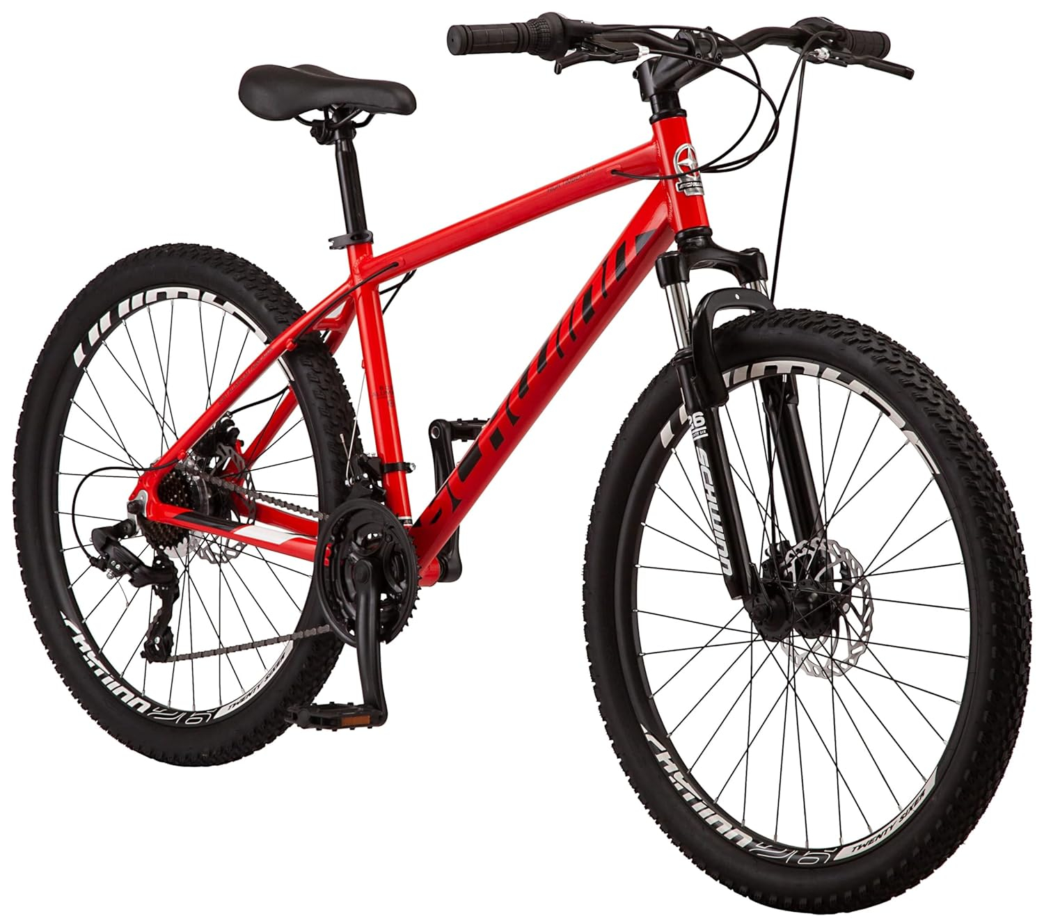 Schwinn High Timber Youth/Adult Mountain Bike for Men and Women, Aluminum and Steel Frame Options, Speeds Options, Inch Wheels Red/Black 26-Inch Wheels Aluminum Frame and Disc Brakes