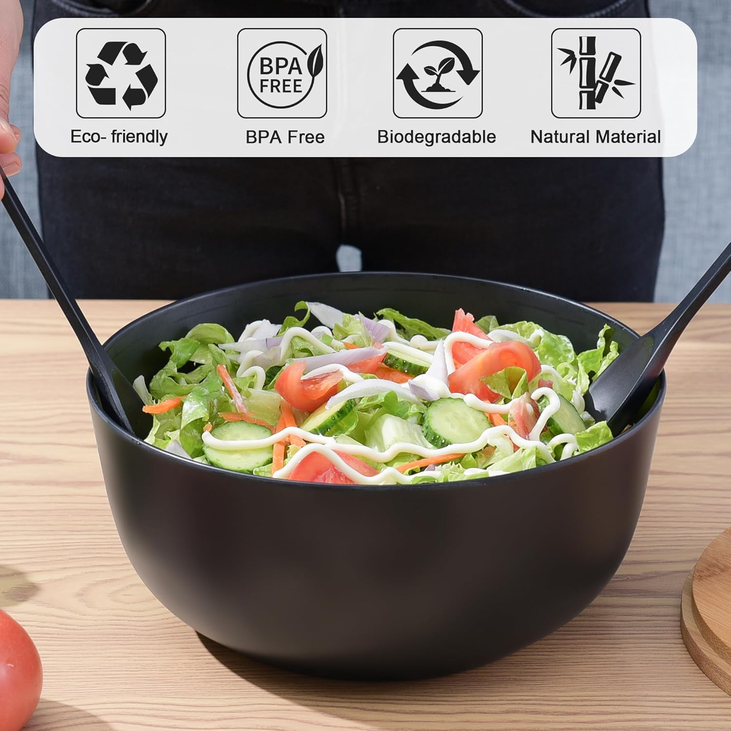 GEHE Bamboo Fiber Salad Bowl with Servers Set - Large 9.8 inches mixing bowls Solid Bamboo Salad Wooden Bowl with Bamboo Lid Spoon for Fruits,Salads and Decoration (Black, 9.8INCH)