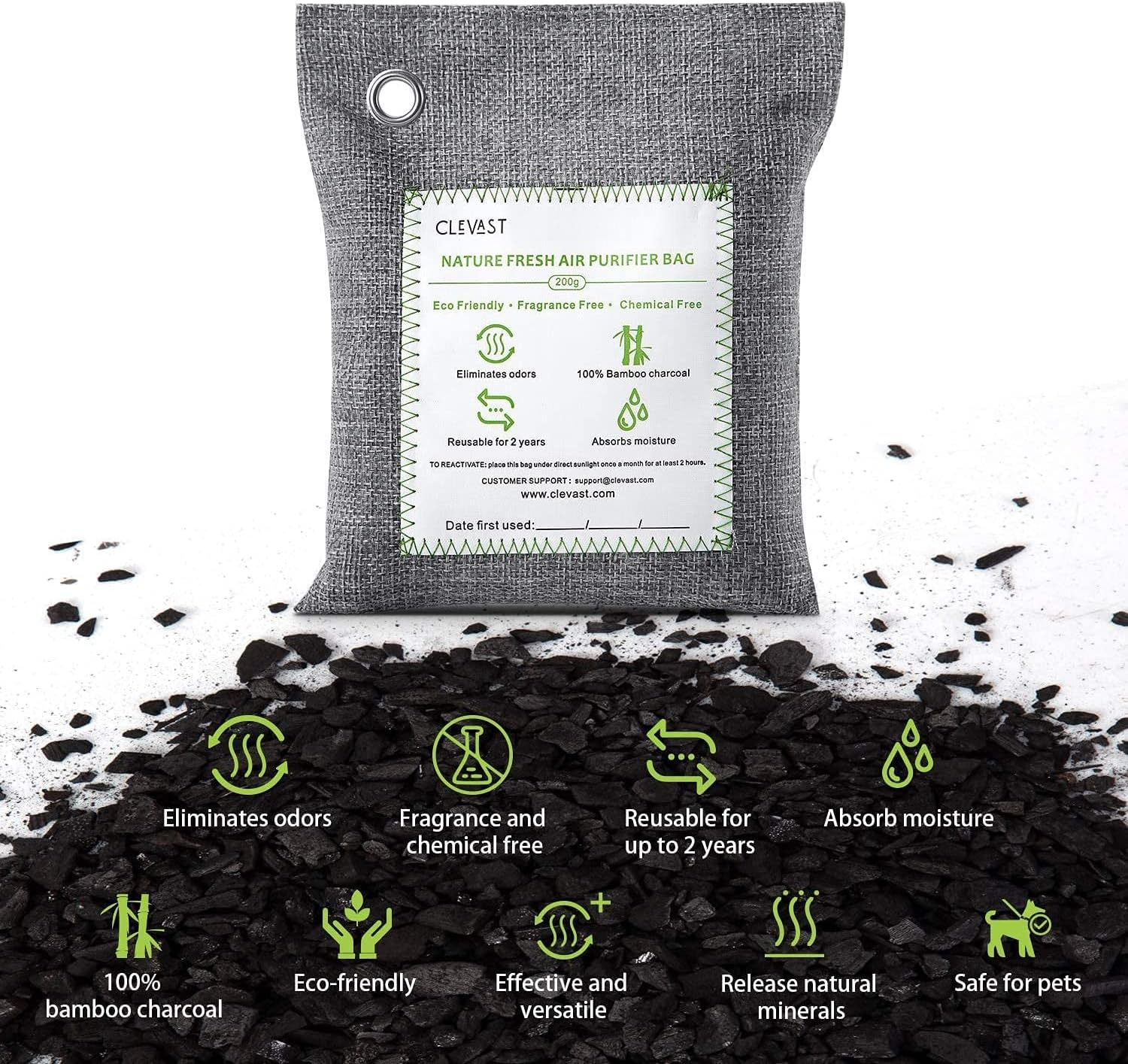 CLEVAST Charcoal Air Purifying Bags (4×200g), Removes Odors and Moisture, Nature Fresh Air Purifier Bags, Odor Eliminator for Home, Car, Pets, Bathroom, Basement