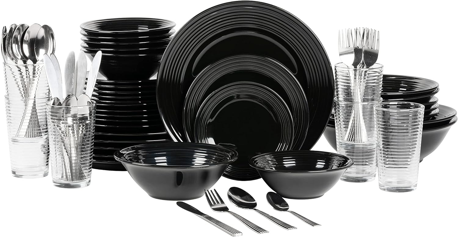 10 Strawberry Street Nova Black Round 62-Piece Stoneware Dinnerware Set, Service for 6