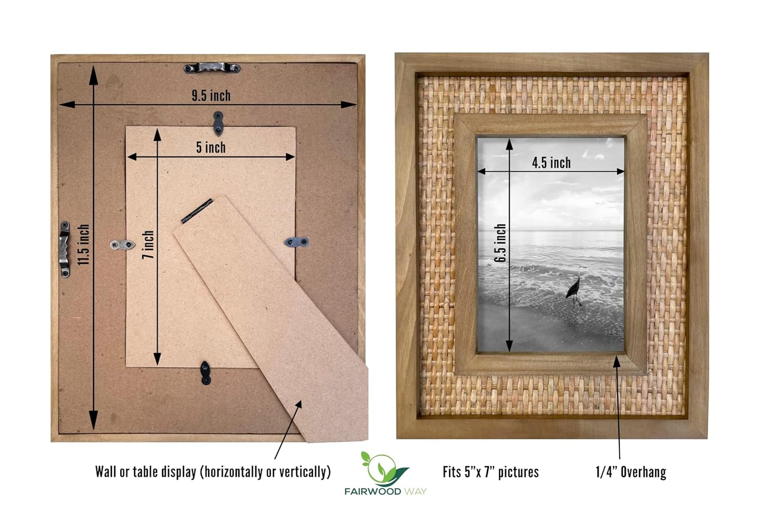 Rattan and Wood Picture Frame for 5x7 Inch Photos | Coastal or Boho Picture Frame | Tabletop Stand and Wall Mount | Single Display or Gallery Wall