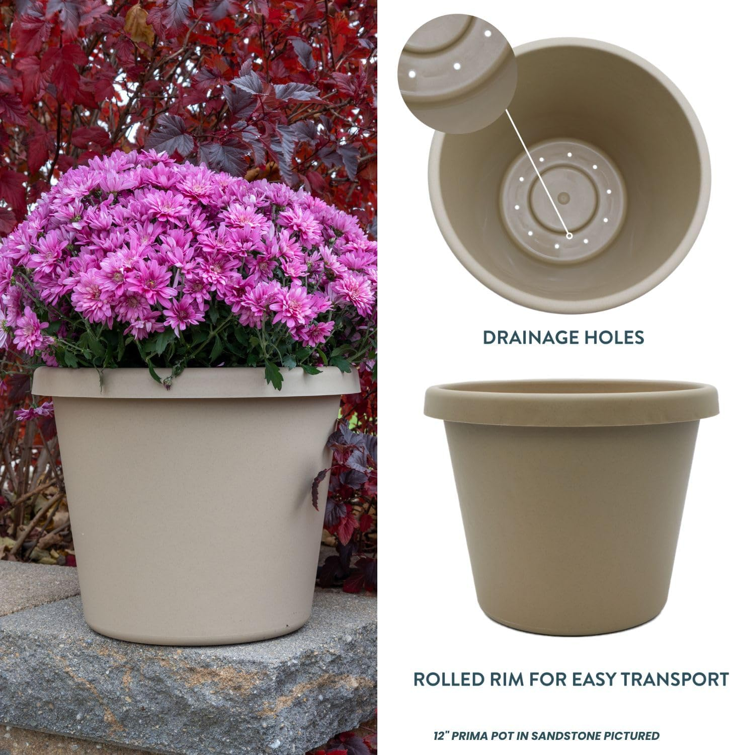 The HC Companies 12 Inch Round Prima Planter - Plastic Plant Pot with Rolled Rim for Indoor Outdoor Plants Flowers Herbs, Sandstone