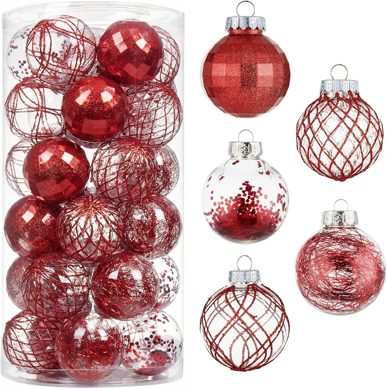30ct Christmas Ball Ornaments-60mm/2.36" Shatterproof Clear Plastic Xmas Balls Baubles Set with Stuffed Delicate Sparkling, Hanging Christmas Tree Decorations (Rose Gold)