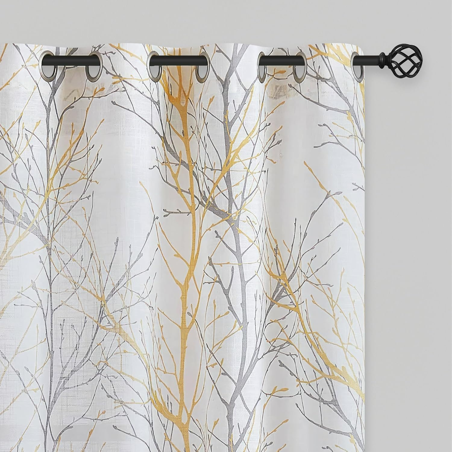 FMFUNCTEX Linen Semi Sheer Curtains for Bedroom, Yellow White Curtains 63 Inches Long for Living Room, Grey Tree Branch Print Curtain Light Filtering Farmhouse Window Drapes, Grommet Top 2 Panels