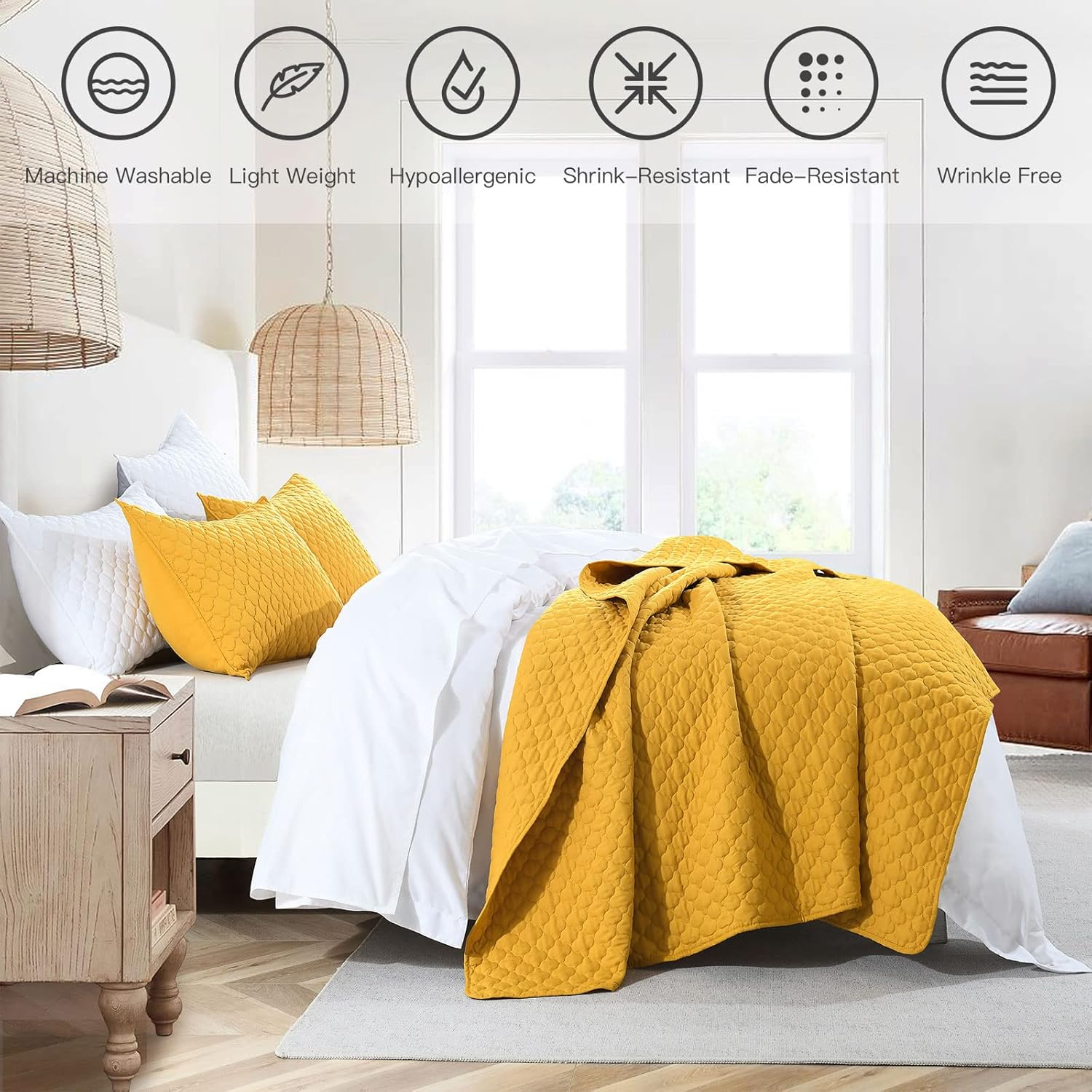 King Size Yellow Microfiber Reversible Quilt Set