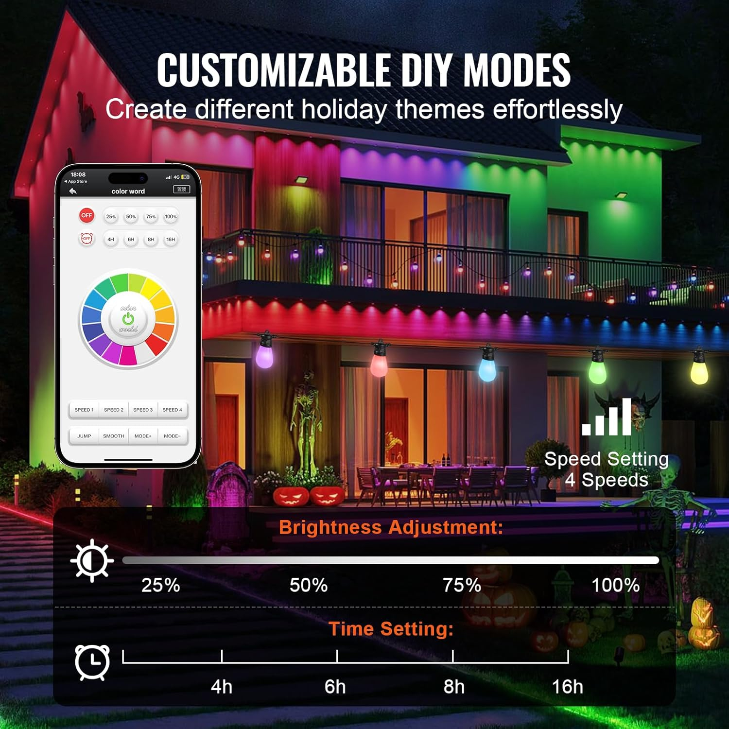 VEVOR RGB Outdoor String Lights, 100FT, Outside Patio Lights with APP Control 30 Bulbs, 15 Single-Color Adjustable Brightness Time Setting, Waterproof Hanging Lights for Halloween Decoration Christmas