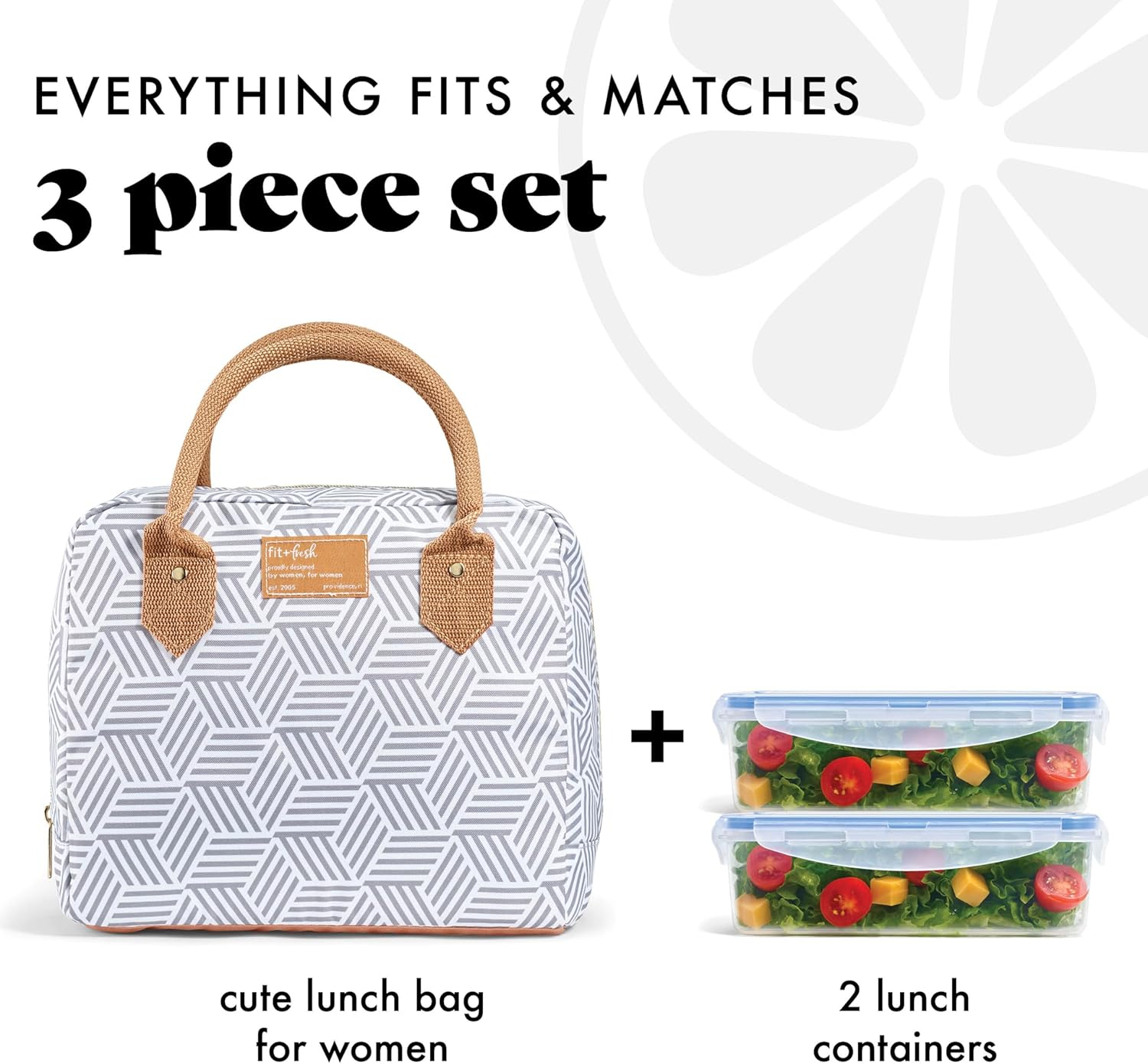 Fit + Fresh Bloomington Womens Lunch Bag, Insulated Lunch Box With Containers, Grey Seaport