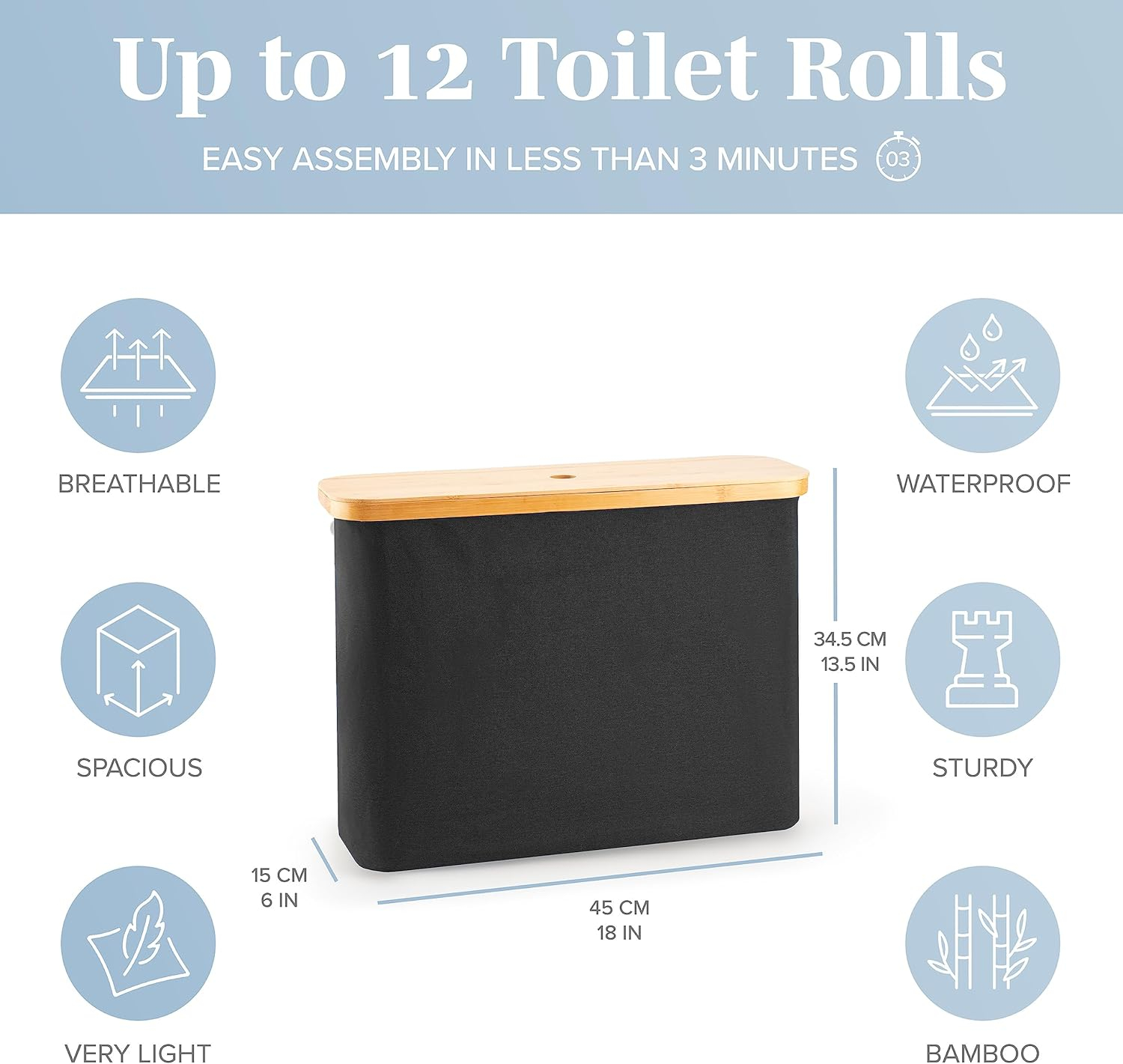 LONBET Toilet Paper Storage for 12 Rolls, Stackable & Foldable - The Ultimate Bathroom Organizer - Waterproof Basket with Bamboo Lid - Elegant Toilet Paper Storage Holder, Black