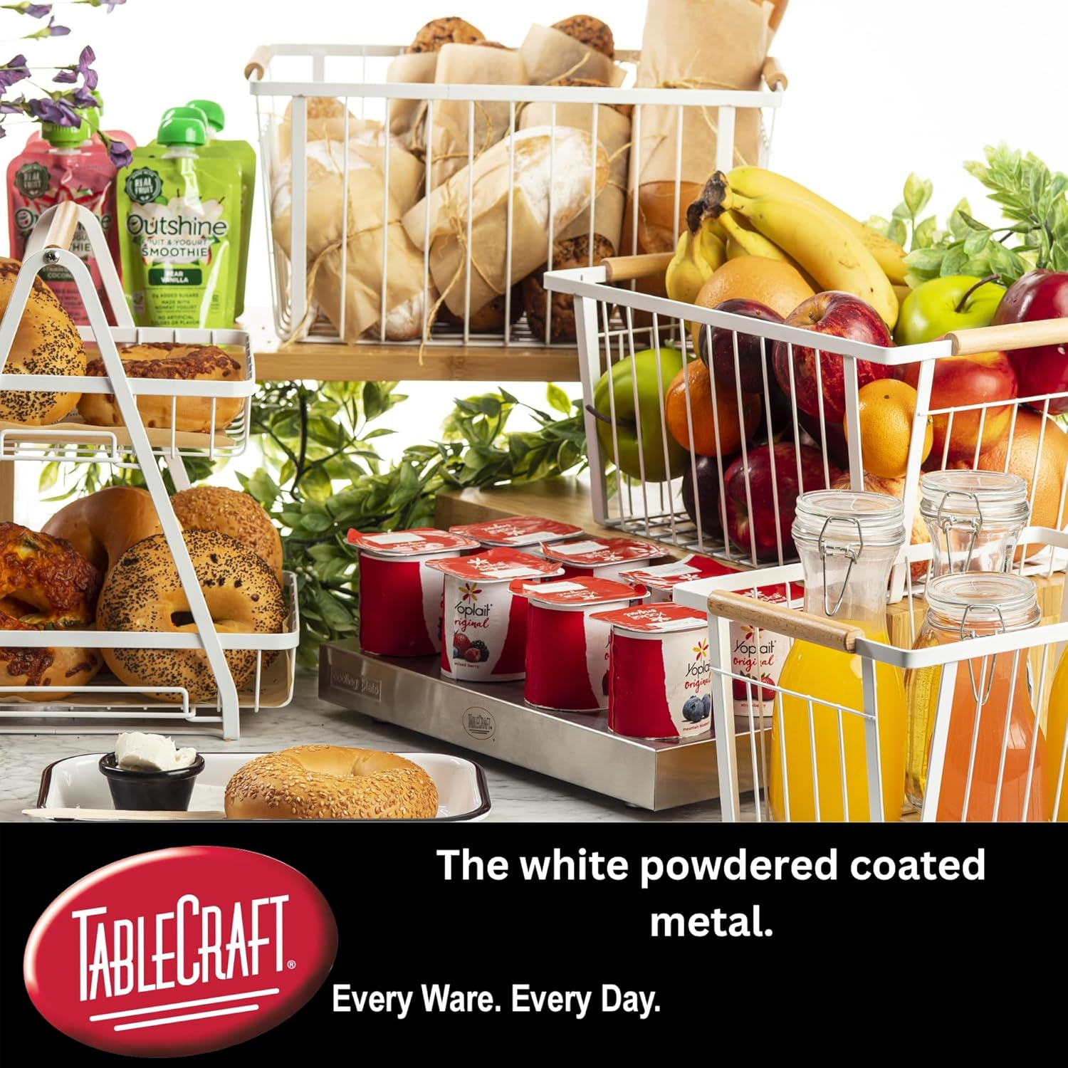 White Metal Two-Tier Food Display with Wooden Handle