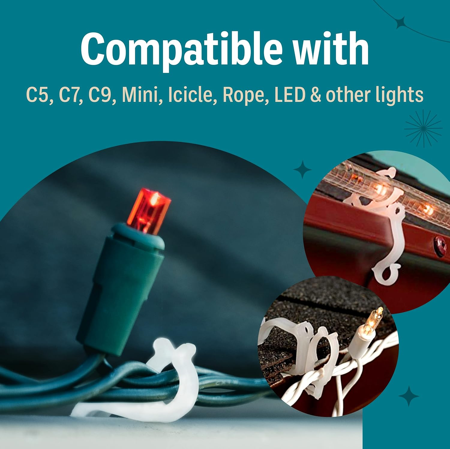 Holiday Joy Christmas Light Clips - Pack of 200 Clear, All-Purpose Gutter Hooks for Outdoor String Lights and Decorations