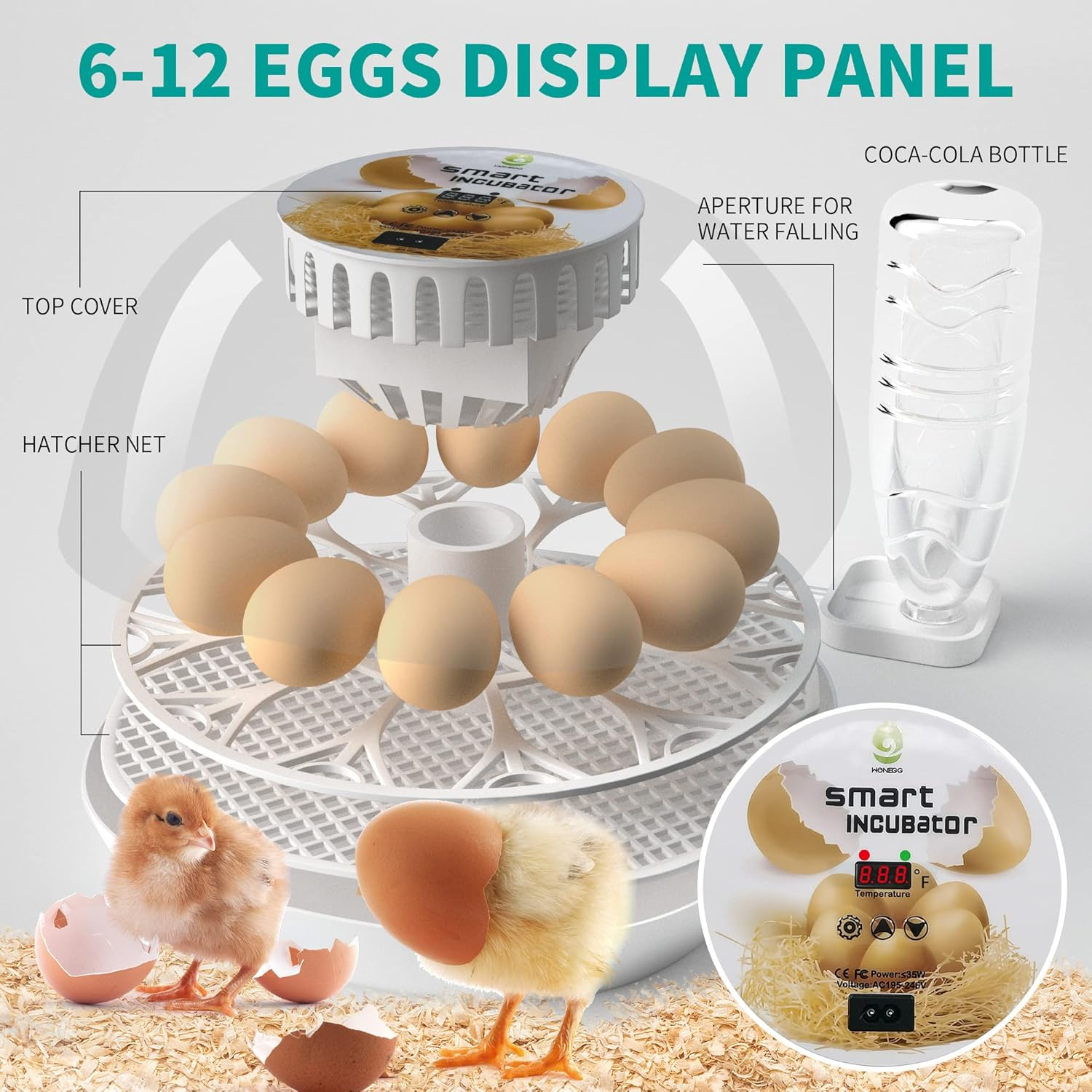 Lreerge Egg Incubator, 12 Eggs Incubator with Automatic Egg Turning, Automatic Water Adding, 360 Degree View, for Hatching Chicken Goose Quail Duck