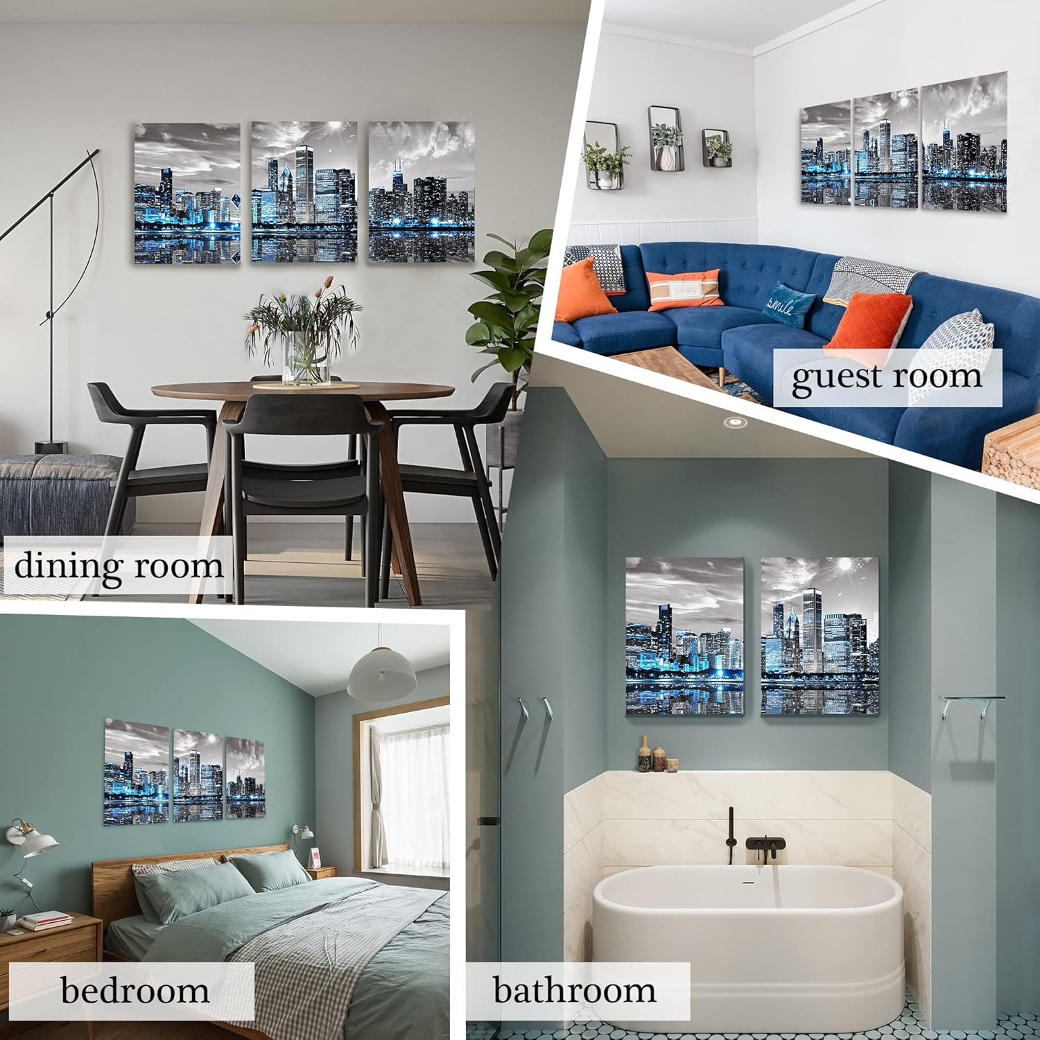 Modern Blue and Gray Chicago Skyline Canvas Wall Art Set