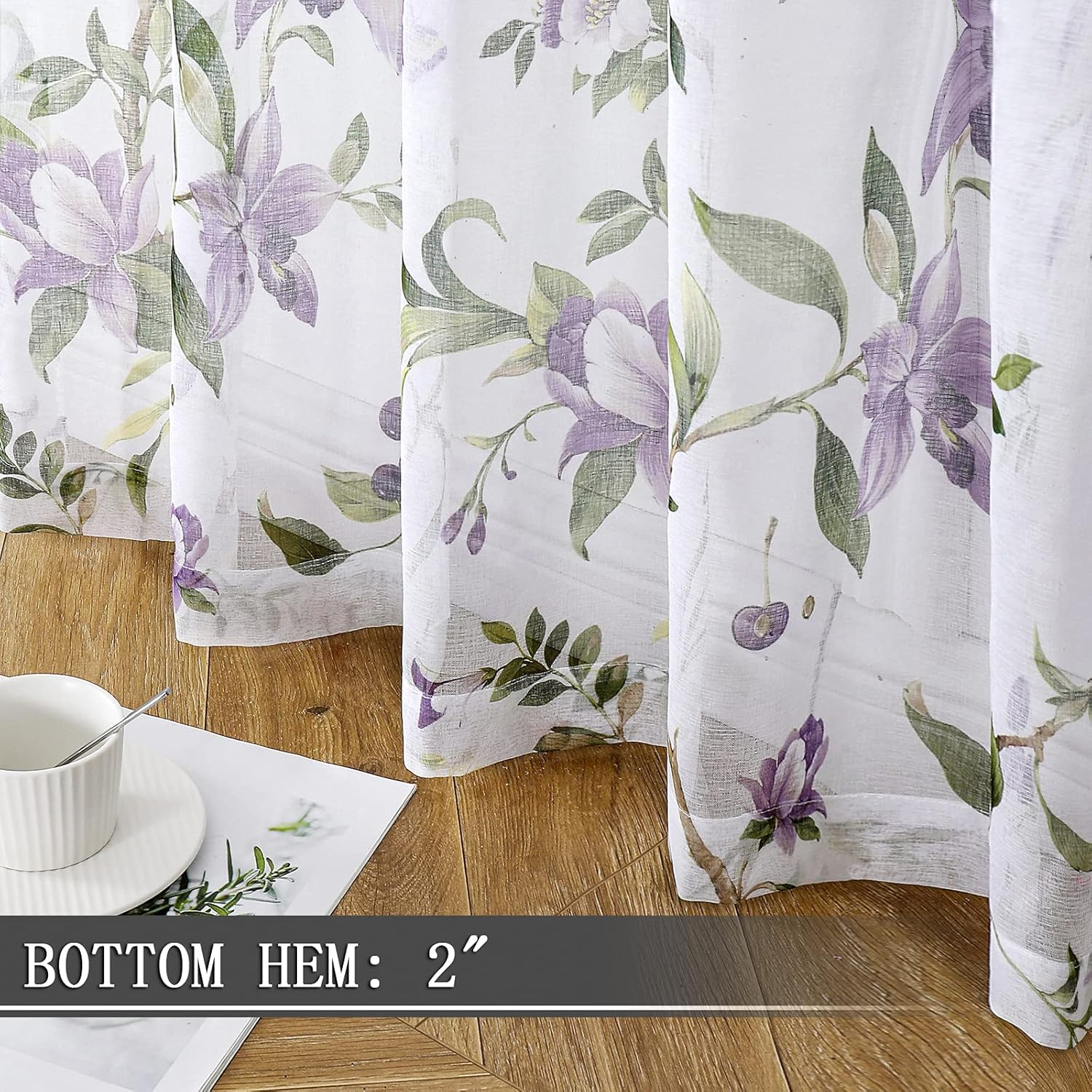 Tollpiz Floral Sheer Curtains Purple Cherry Flower Butterfly Print Living Room Curtain Rod Pocket Voile Linen Look White Sheer Curtains for Bedroom, 54 x 63 inches Long, Set of 2 Panels