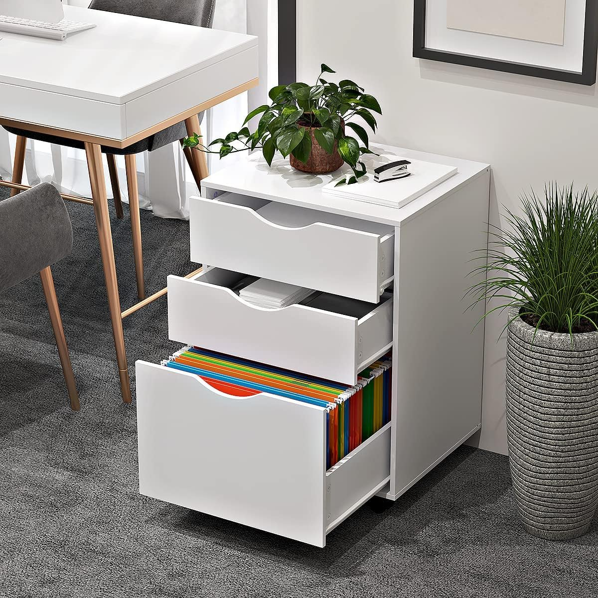 3 Drawers Storage Cabinet, Wooden Mobile Filing Cabinet for Mini Printer Stand, with Lockable Casters, for Home Office (3-Drawers, White)