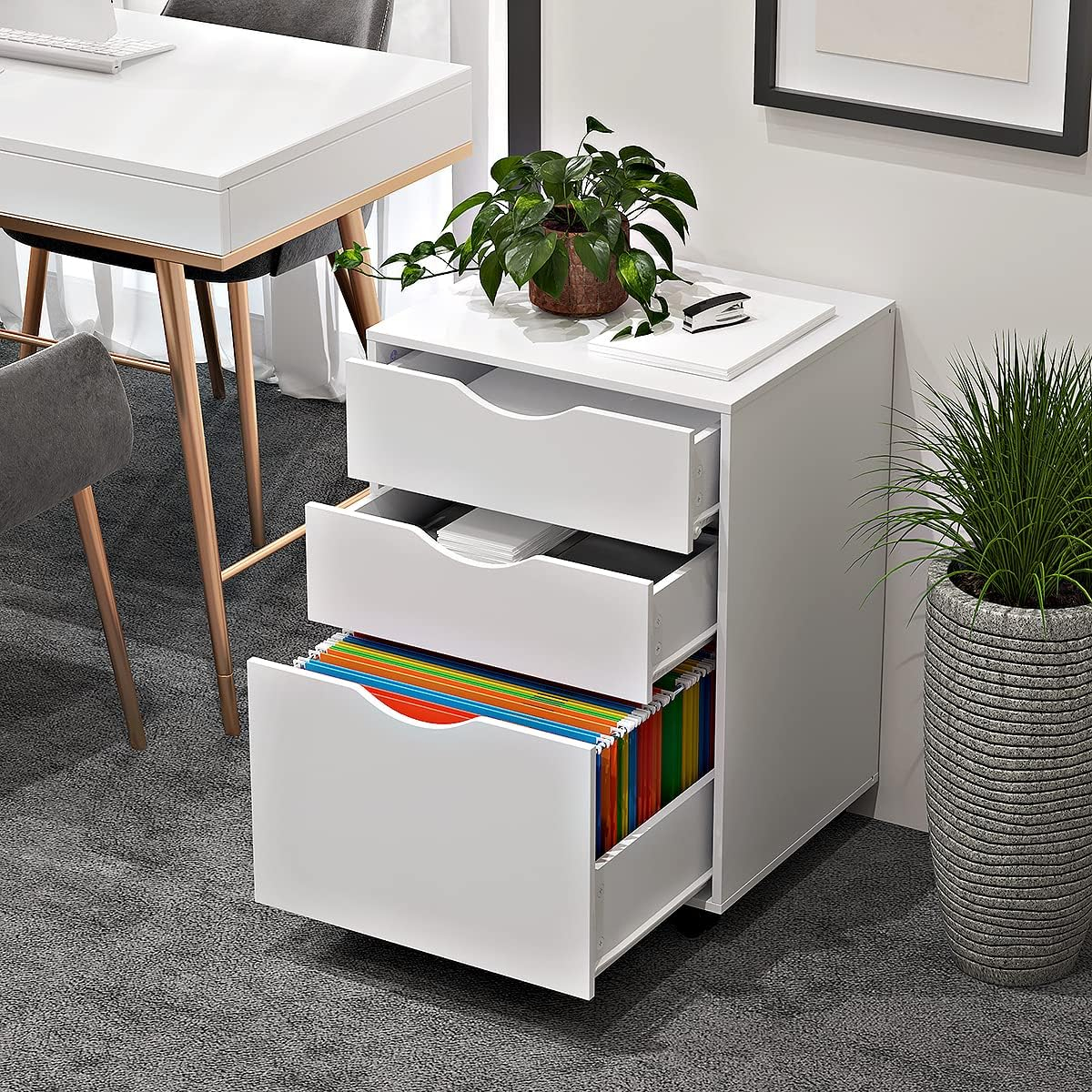 3 Drawers Storage Cabinet, Wooden Mobile Filing Cabinet for Mini Printer Stand, with Lockable Casters, for Home Office (3-Drawers, White)