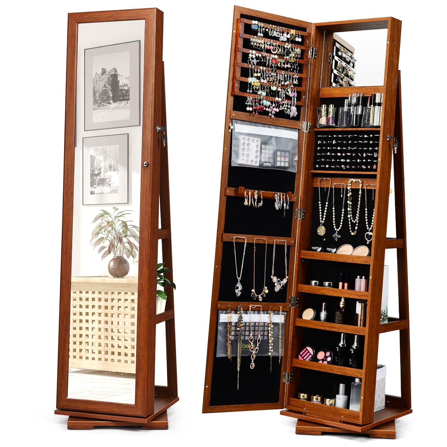 360 Rotating Jewelry Armoire Cabinet, Standing Jewelry Organizer w/Full-Length Mirror & Large Storage Space, Lockable Mirror Jewelry Cabinet for Girls Women (White)