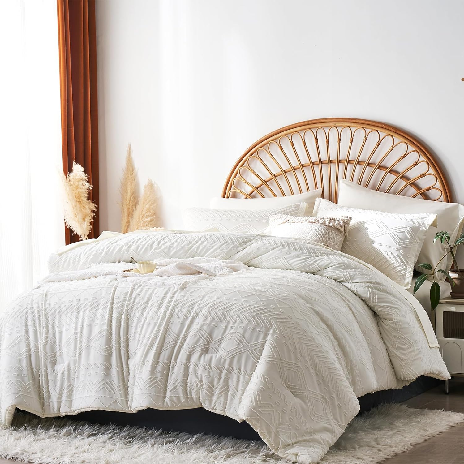 7 Pieces Queen Comforter Set, White Tufted Boho Shabby Chic Bed in a Bag Comforter and Sheet Set, All Season Soft Microfiber Complete Bedding Set (White, Queen)