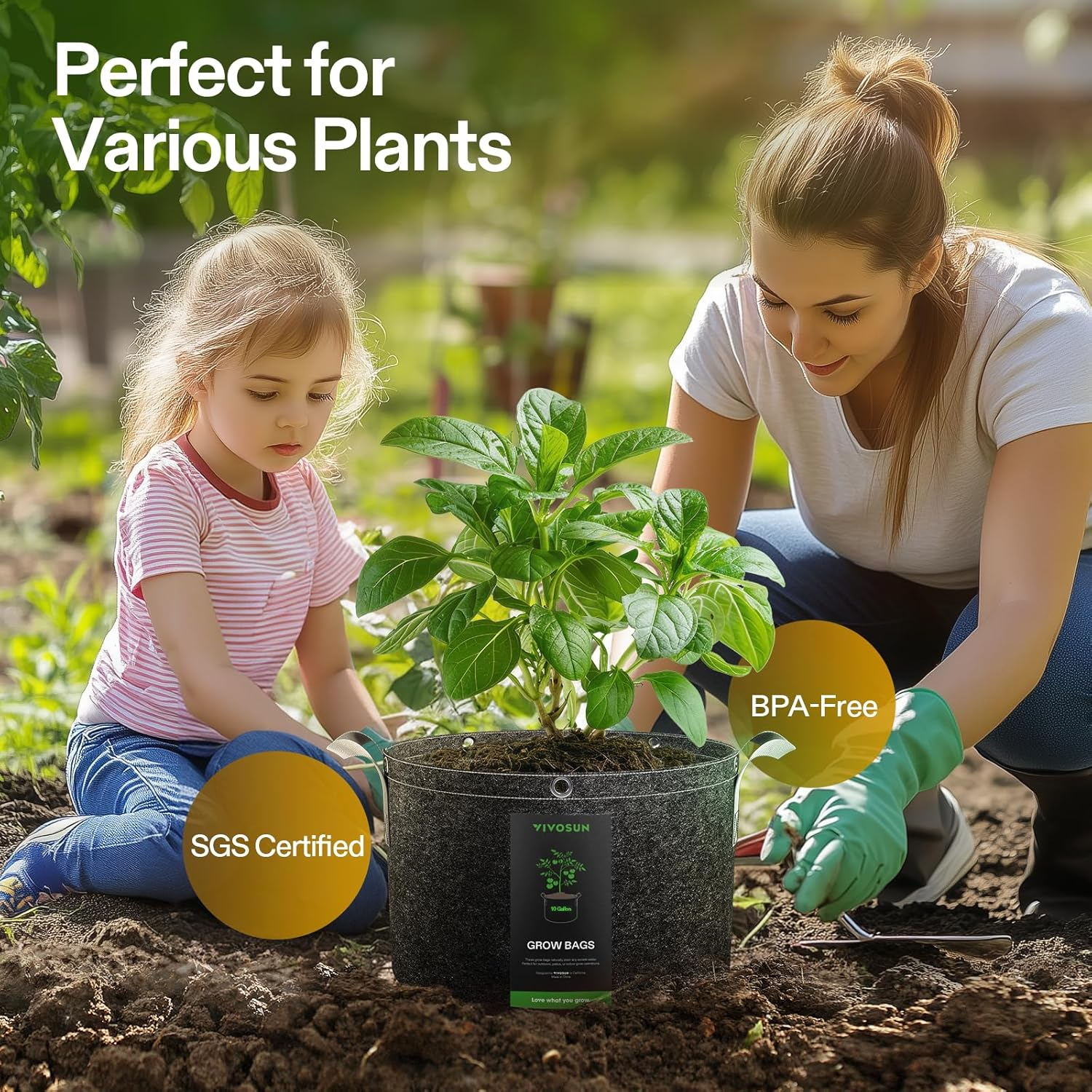 VIVOSUN 5-Pack 3 Gallon Grow Bags, 500G Thick Nonwoven Fabric Pots with Strap Handles, Multi-Purpose Rings, for Low Stress Plant Training Fruits, Vegetables, and Flowers