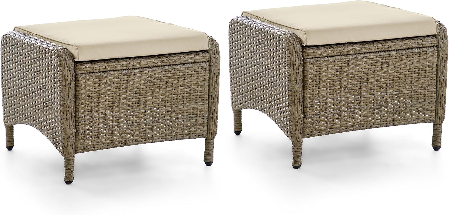 Beige and Natural Brown Wicker Outdoor Ottomans with Cushions, Set of 2