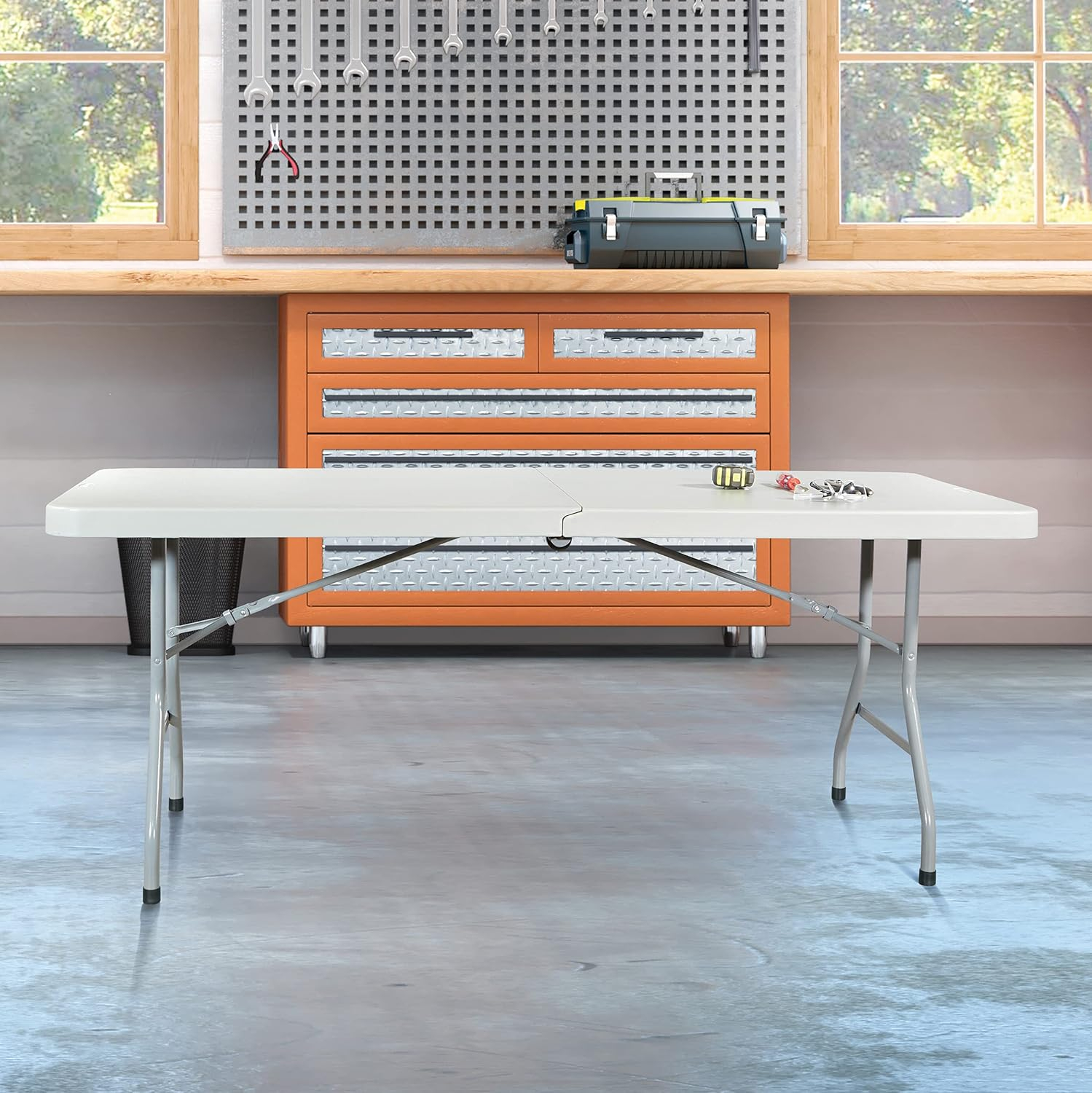 6 foot Resin Multi Purpose Center Light Gray Fold Table with Wheels