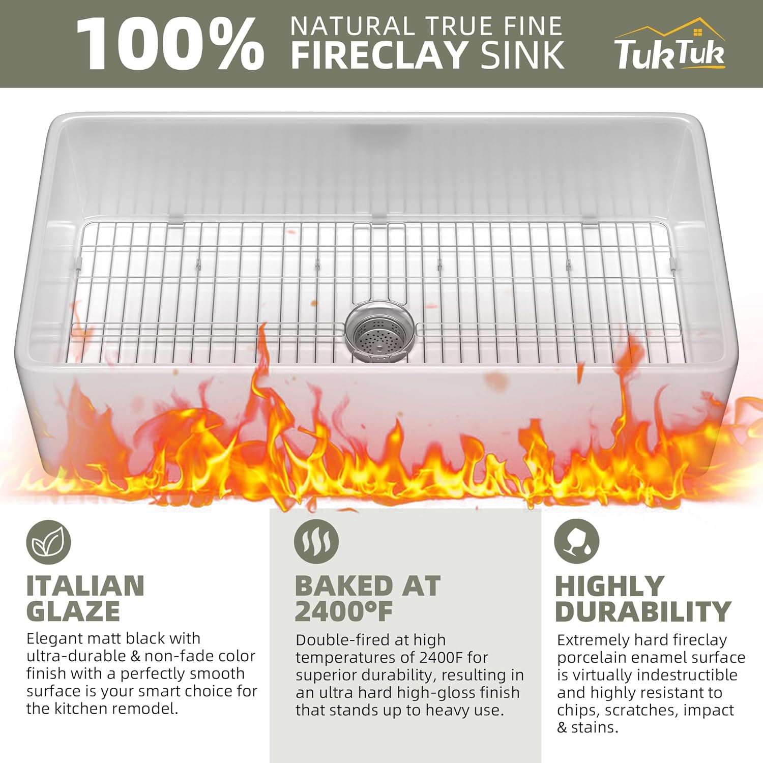 TUKTUK White Farmhouse Sink 30X20 inch Fireclay Farm Sink Apron Undermount Kitchen Sink Single Bowl Extra Wide Large Capacity Drop-in Modern Kitchen Sink with Luxury Bottom Grid & Strainer