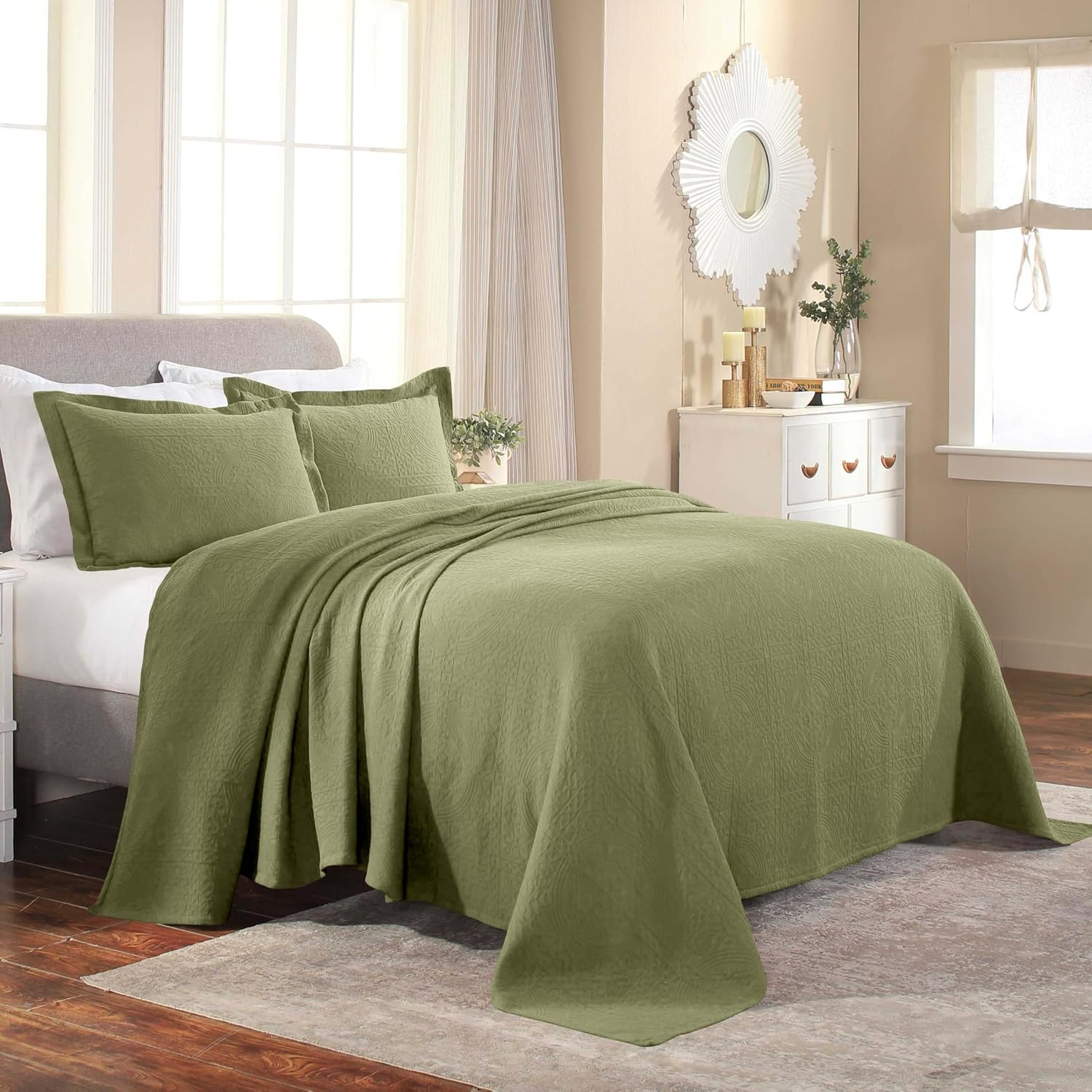 Superior Fleur De Lis Cotton Decorative Bedspread and Sham Set, Twin, Sage