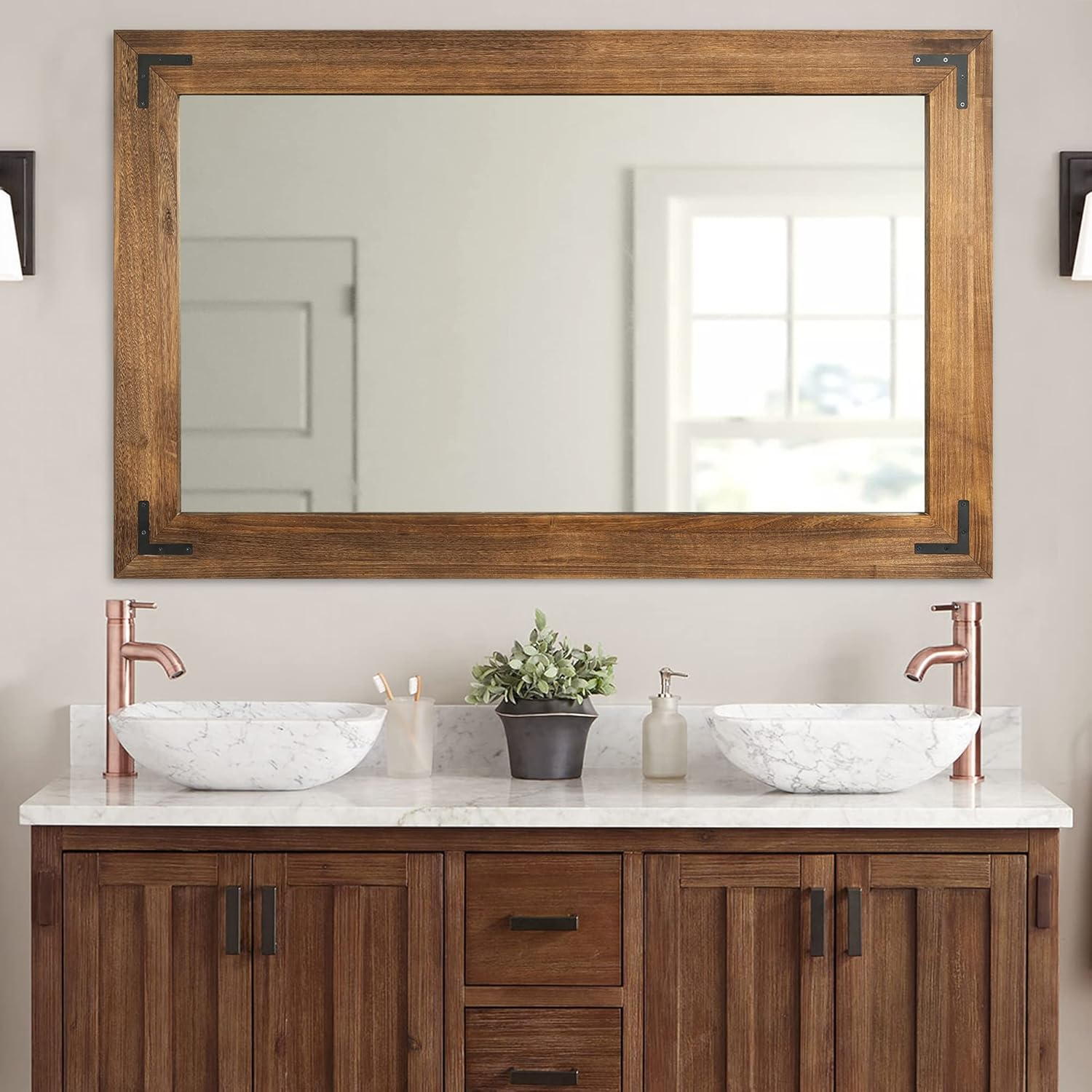 COSMOGO Rustic Wooden Framed Wall Mirror, Natural Wood Bathroom Vanity Mirror Brown 40" x 26" Brown