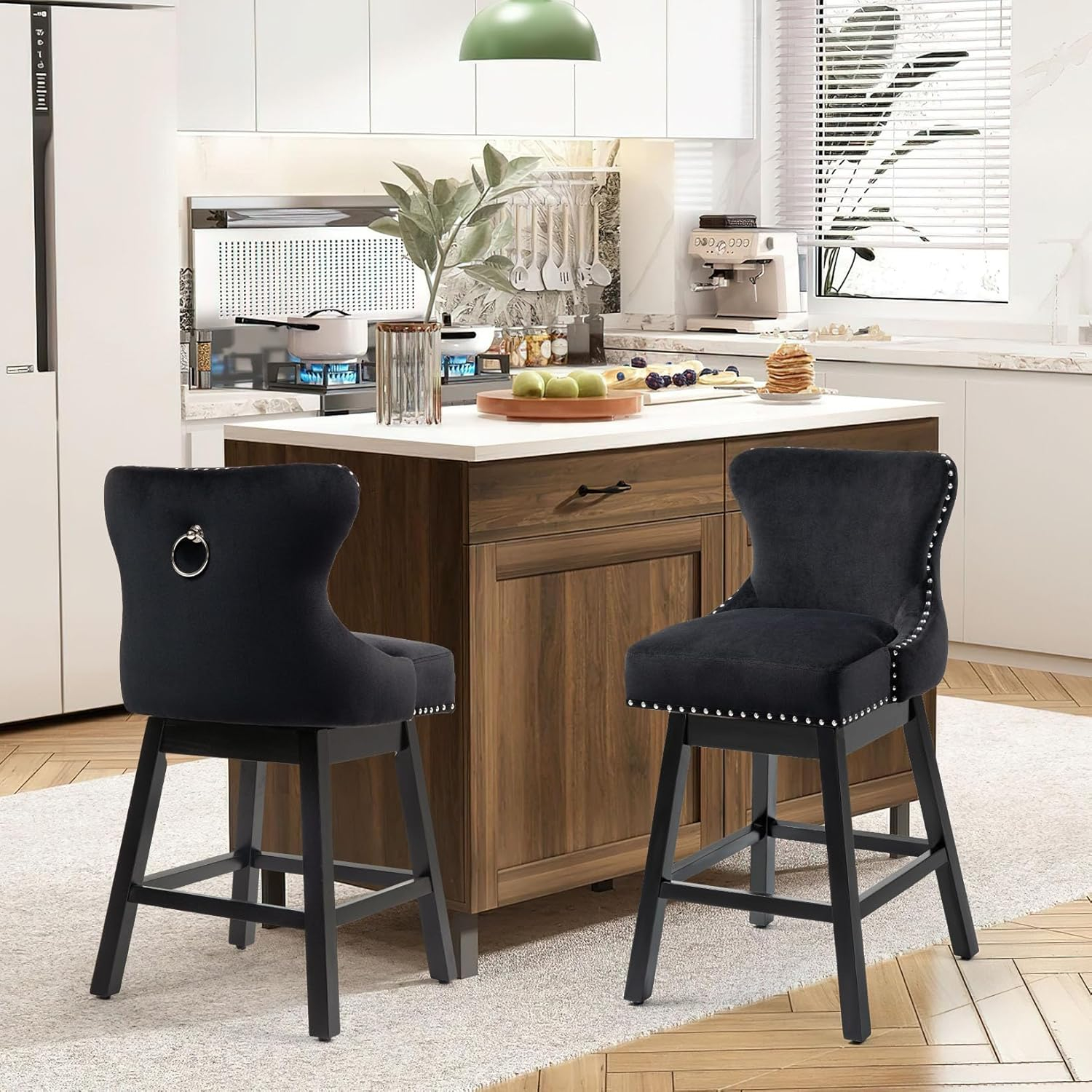 ECOTOUGE Swivel Bar Stools Set of 2, 26" Seat Height Kitchen Stools with Back & Wood Legs, Velvet Upholstered Counter Stools with Pull Ring for Kitchen Island, Dining Room, Pub & Cafe, Black