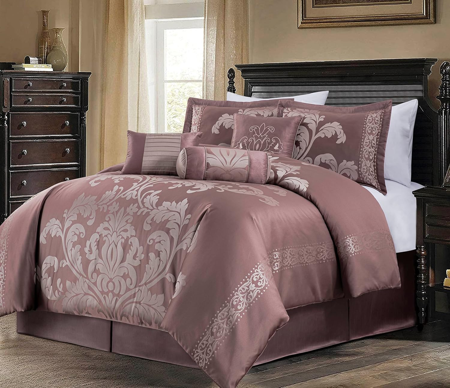 Full Size Woodrose and Gray Jacquard Floral Comforter Set